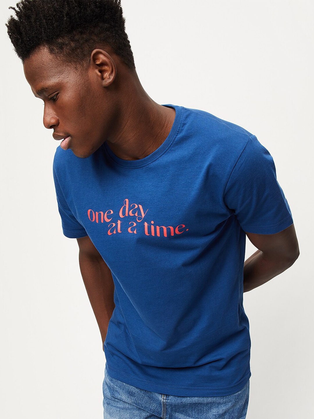 

max Typography Printed Round Neck Pure Cotton T-shirt, Blue
