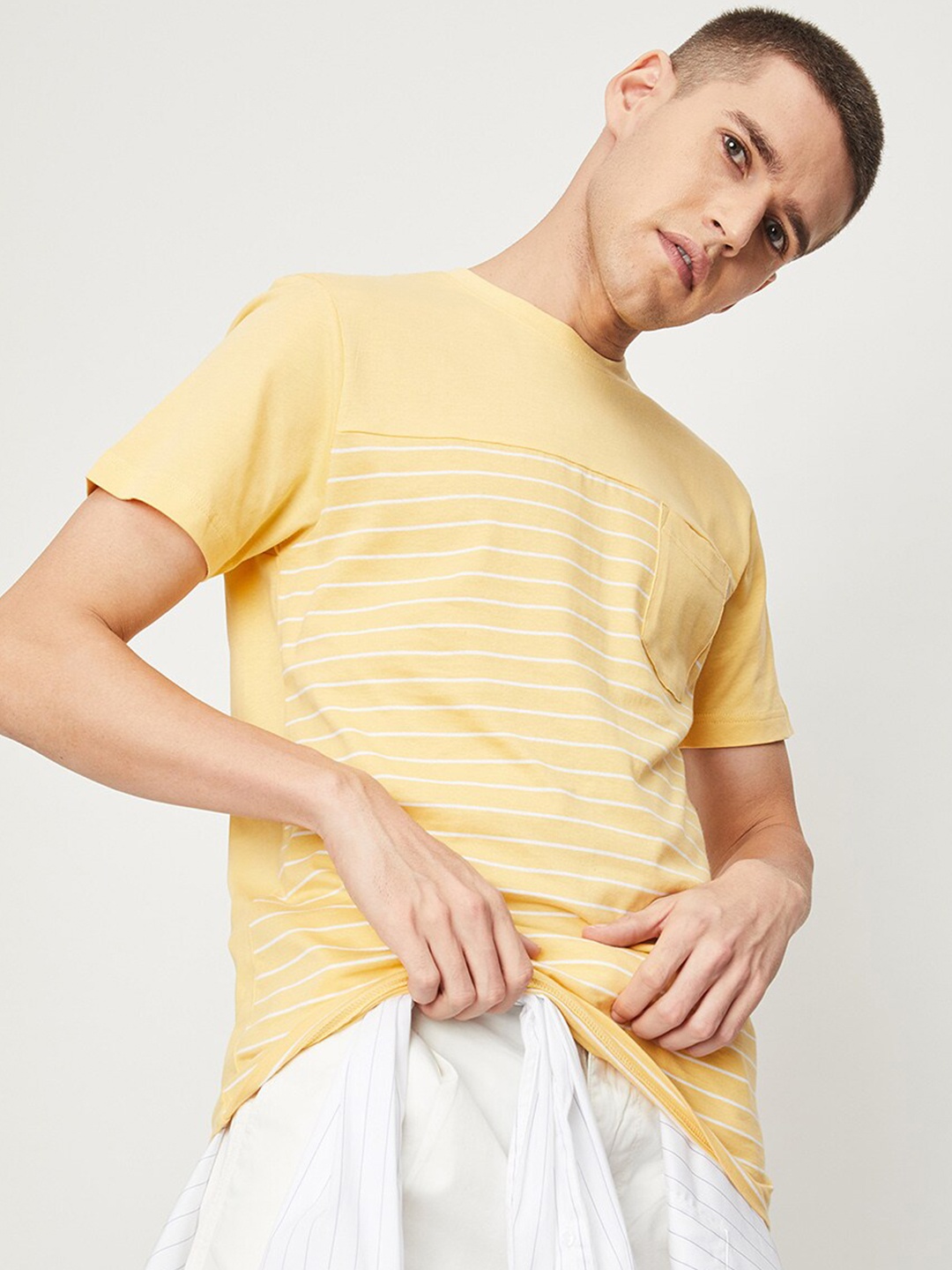 

max Striped Round Neck Pure Cotton T-shirt, Yellow