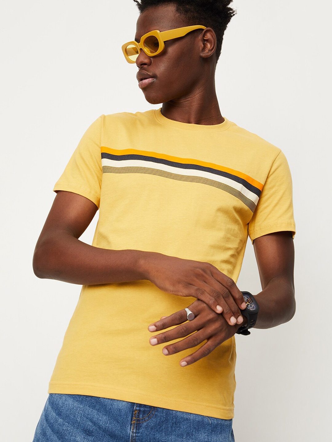 

max Striped Round Neck Pure Cotton T-shirt, Yellow