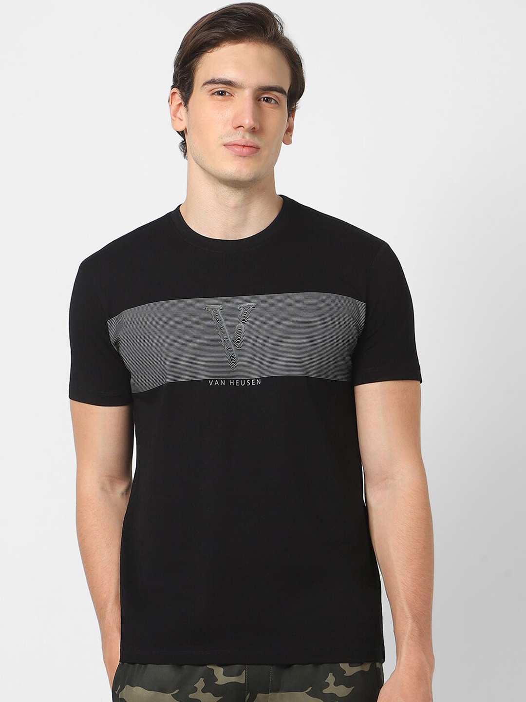 

VAN HEUSEN DENIM LABS Striped Cotton Casual T-Shirt, Black