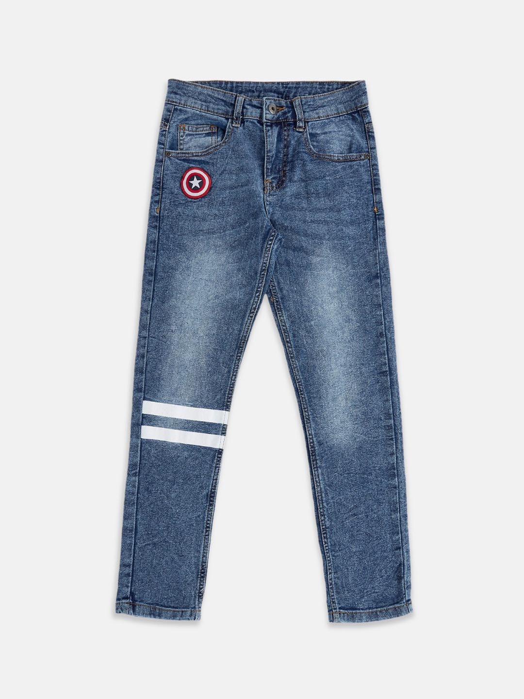 

Pantaloons Junior Boys Tapered Fit Low Distress Printed Light Fade Jeans, Blue