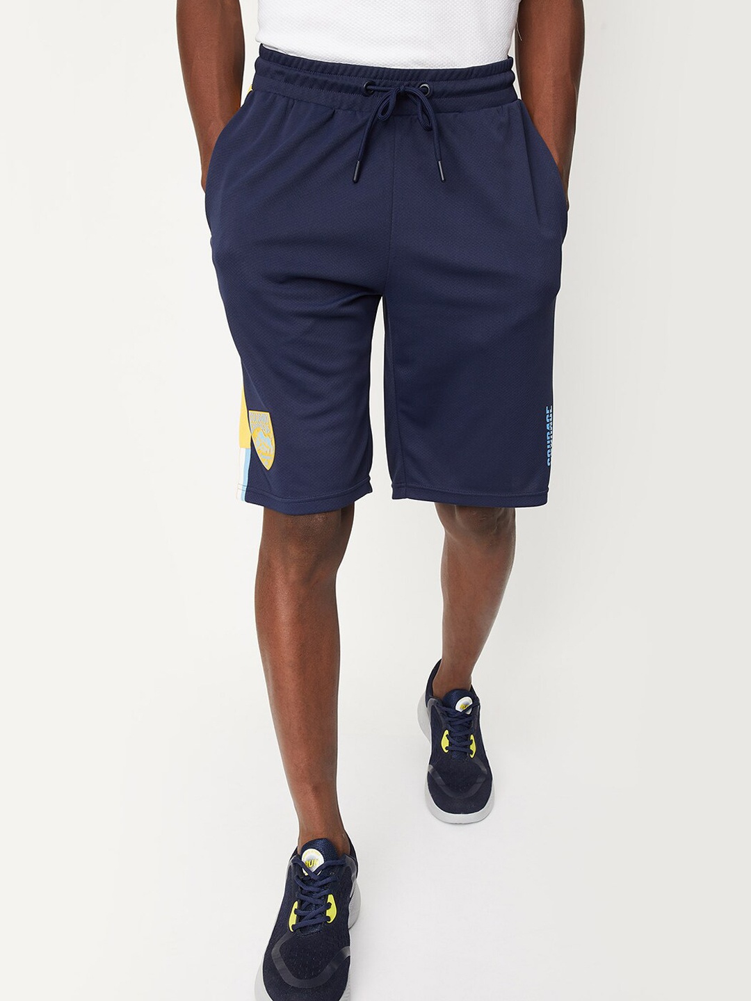 

max Men Typography Printed Mid Rise Sports Shorts, Navy blue