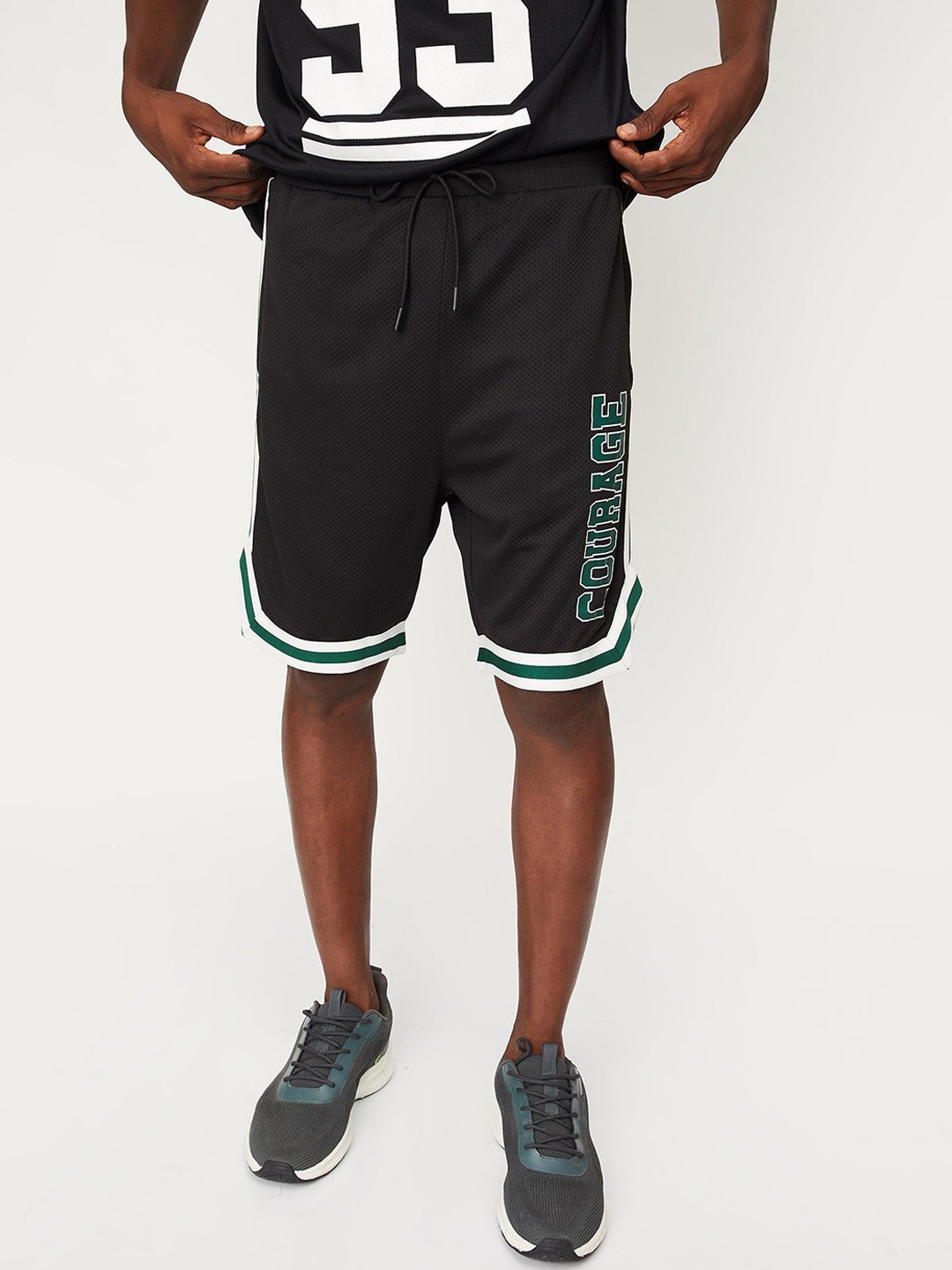 

max Men Typography Printed Mid-Rise Shorts, Black