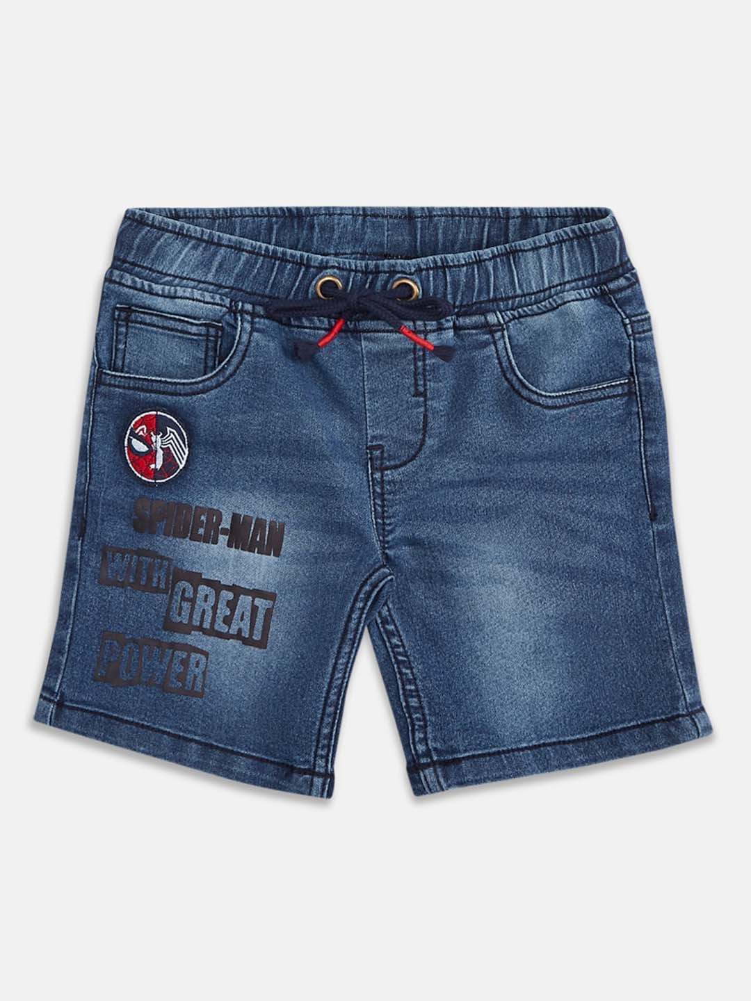 

Pantaloons Junior Boys Typography Printed Mid-Rise Denim Shorts, Blue