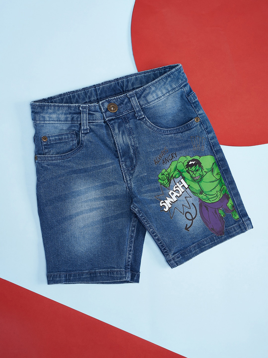 Pantaloons Junior Boys Avengers Printed Cotton Denim Shorts, Blue