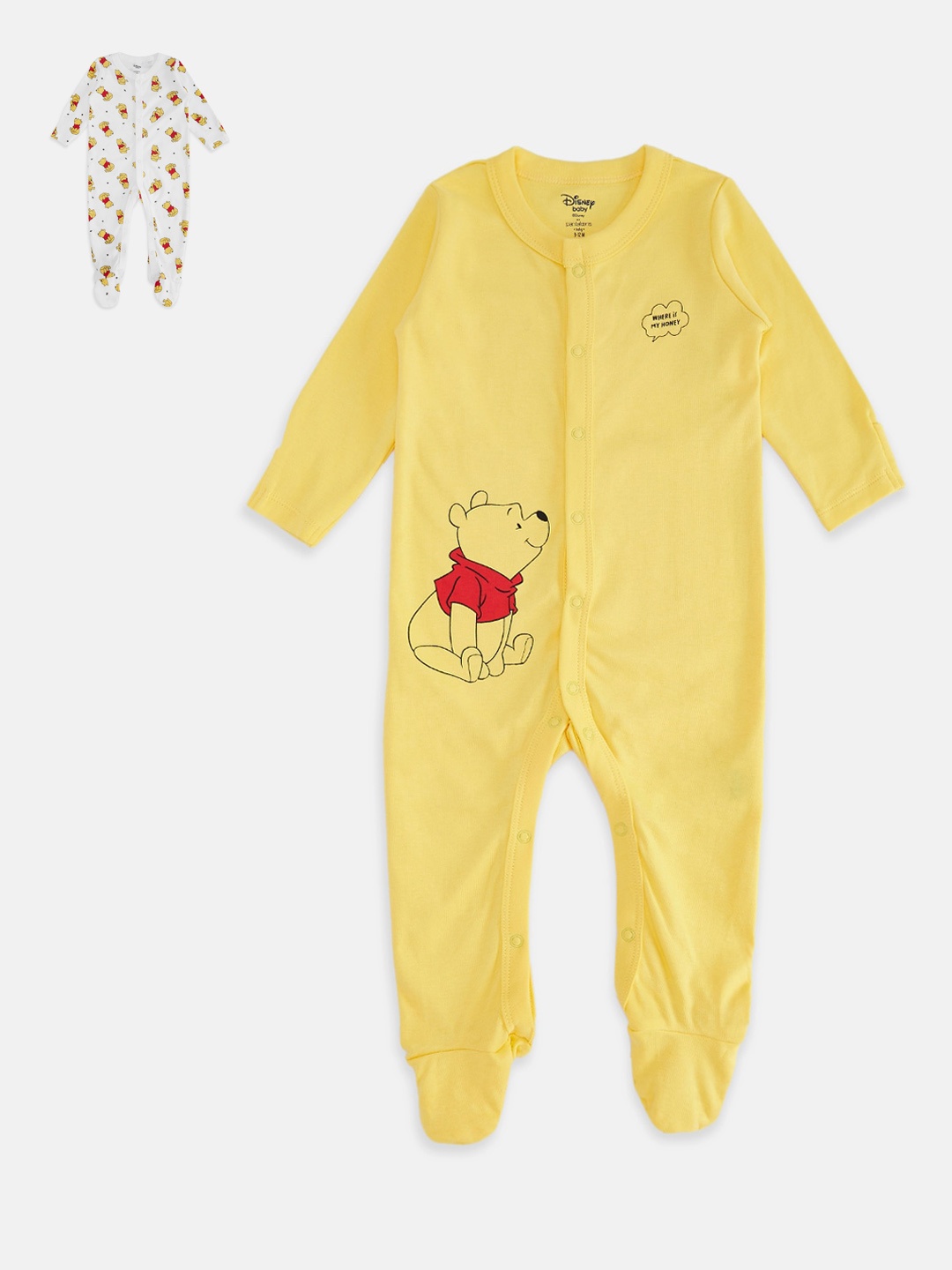 

Pantaloons Baby Infant Pack Of 2 Printed Cotton Sleepsuit, Yellow