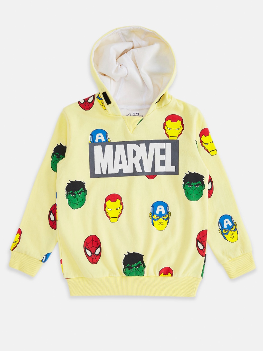 

Pantaloons Junior Boys Superheros Marvels Graphic Printed Hodded Neck Cotton Sweatshirt, Yellow