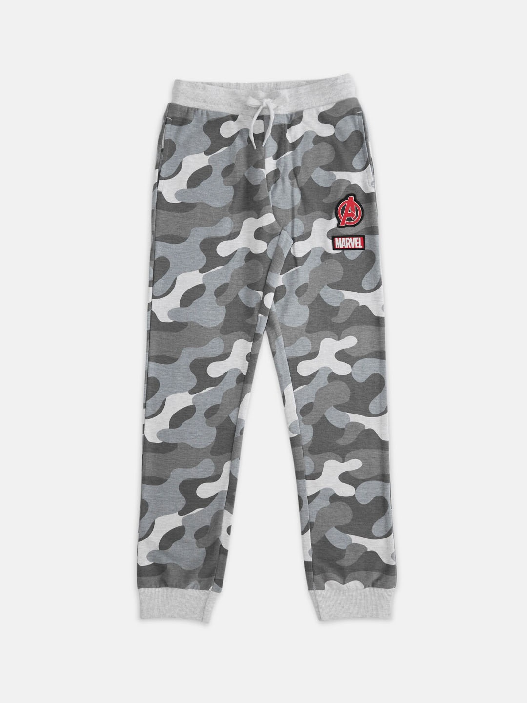 

Pantaloons Junior Boys Camouflage & Marvel Printed Cotton Joggers, Grey melange