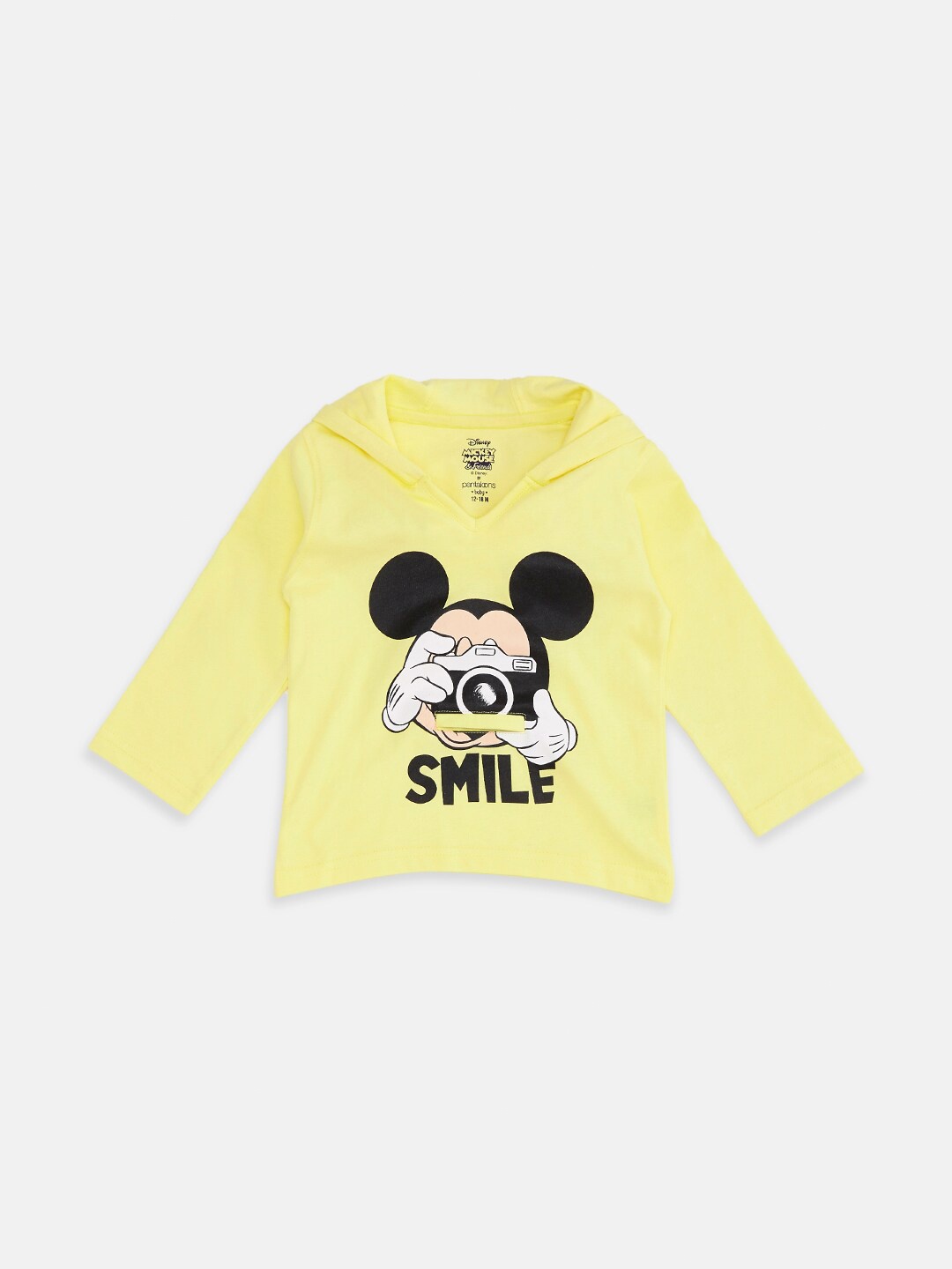 

Pantaloons Baby Boys Graphic Mickey Mouse Printed Hooded Cotton T-Shirt, Yellow