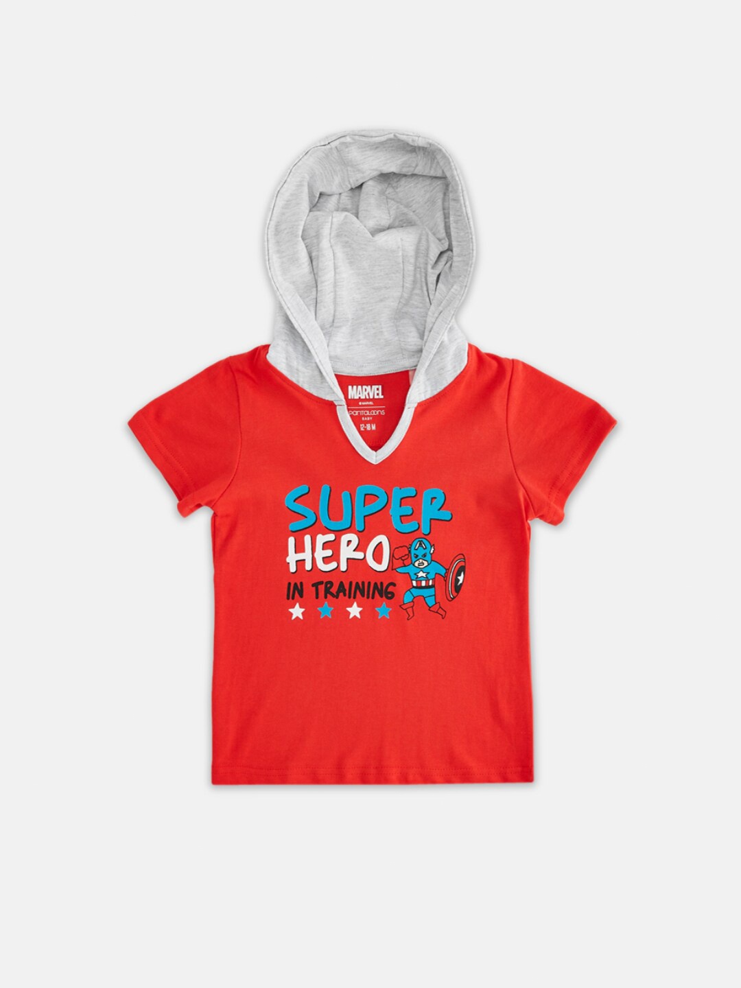 

Pantaloons Baby Boys Typography Captain America Printed Hooded Cotton T-Shirt, Red