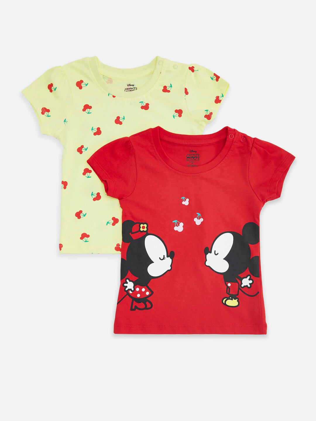 

Pantaloons Baby Girls Pack Of 2 Graphic Mickey & Minnie Mouse Printed Cotton T-Shirt, Red