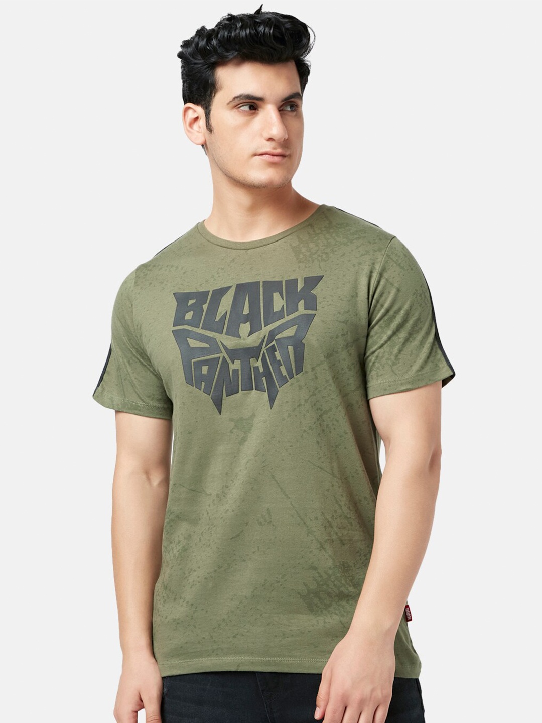 SF JEANS by Pantaloons Black Panther Printed Slim Fit Cotton T-shirt, Olive