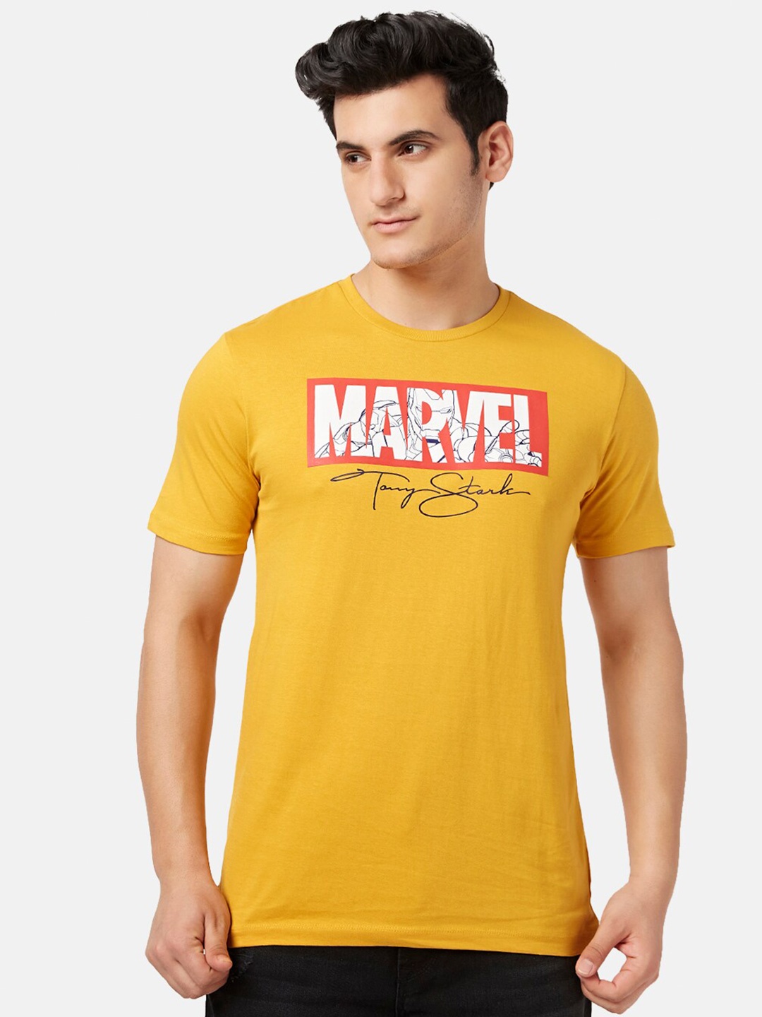 

SF JEANS by Pantaloons Marvel Printed Slim Fit Casual Cotton T-shirt, Mustard