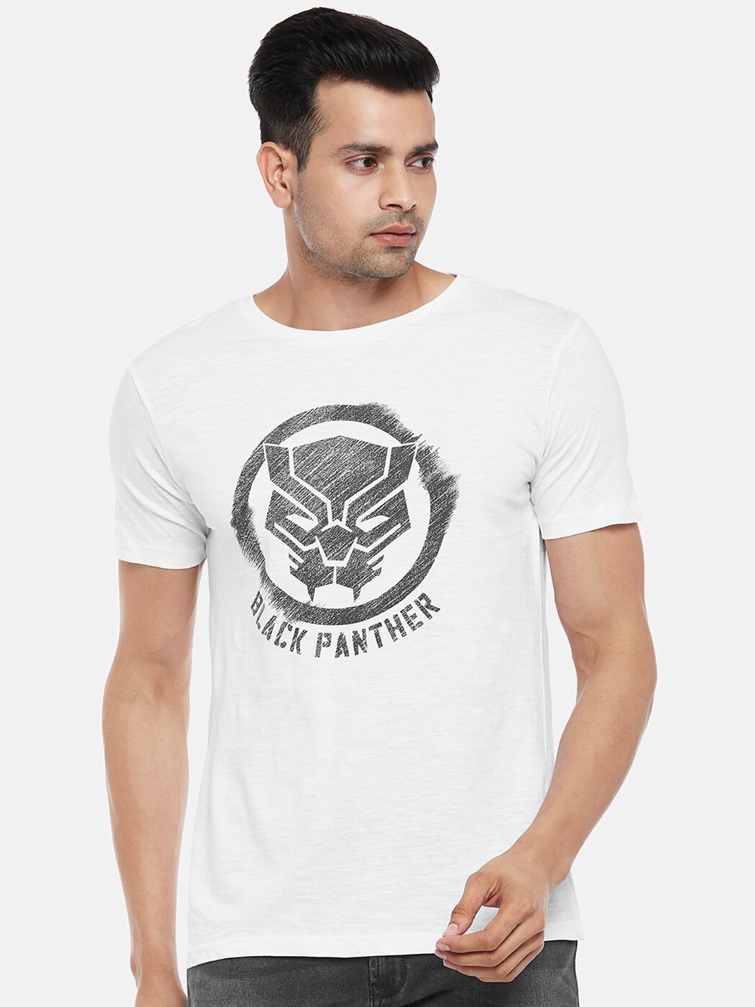 

SF JEANS by Pantaloons Black Panther Printed Sleeves Cotton Slim Fit T-shirt, White