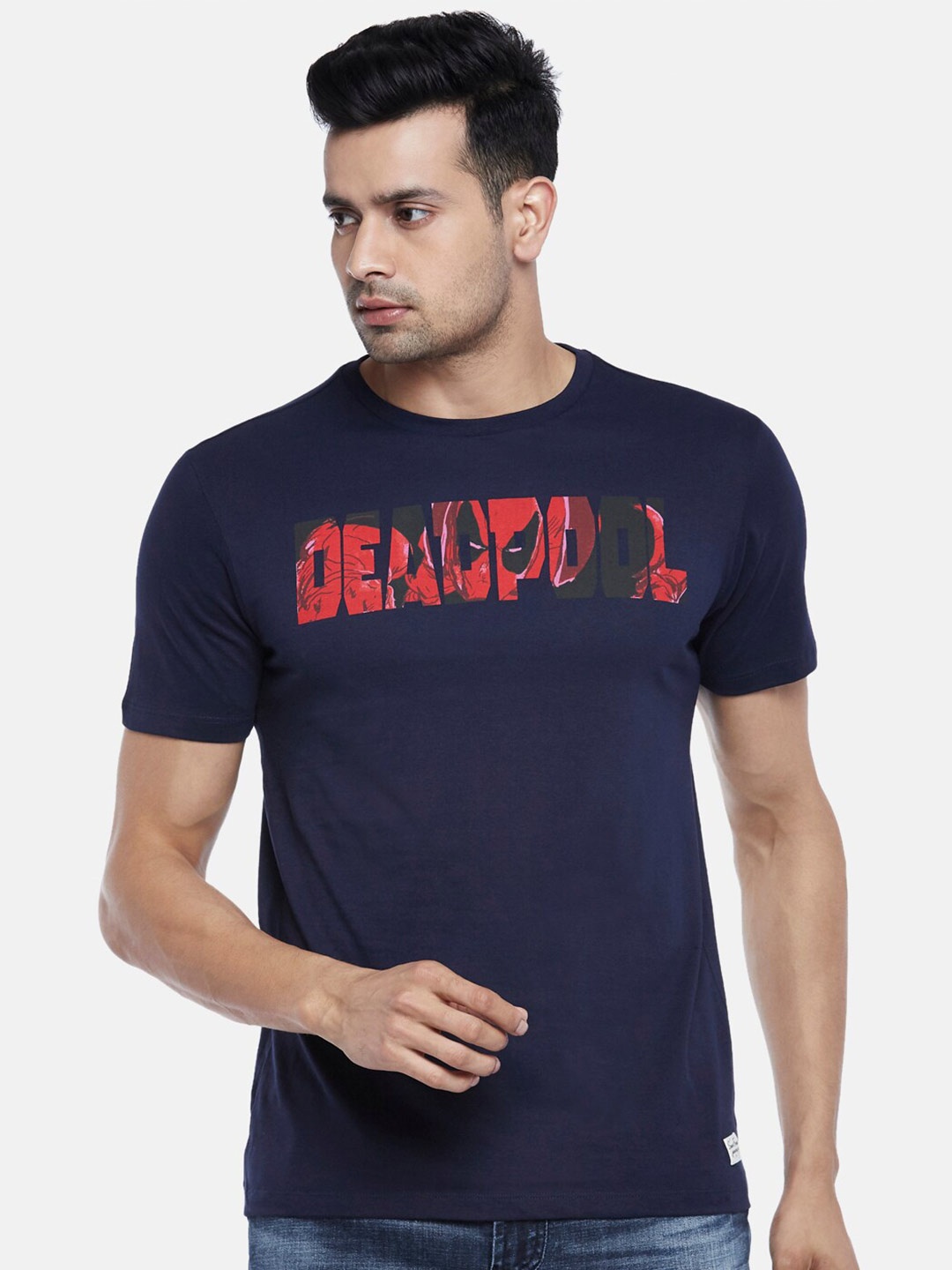 

SF JEANS by Pantaloons Deadpool Printed Cotton Slim Fit T-shirt, Navy blue