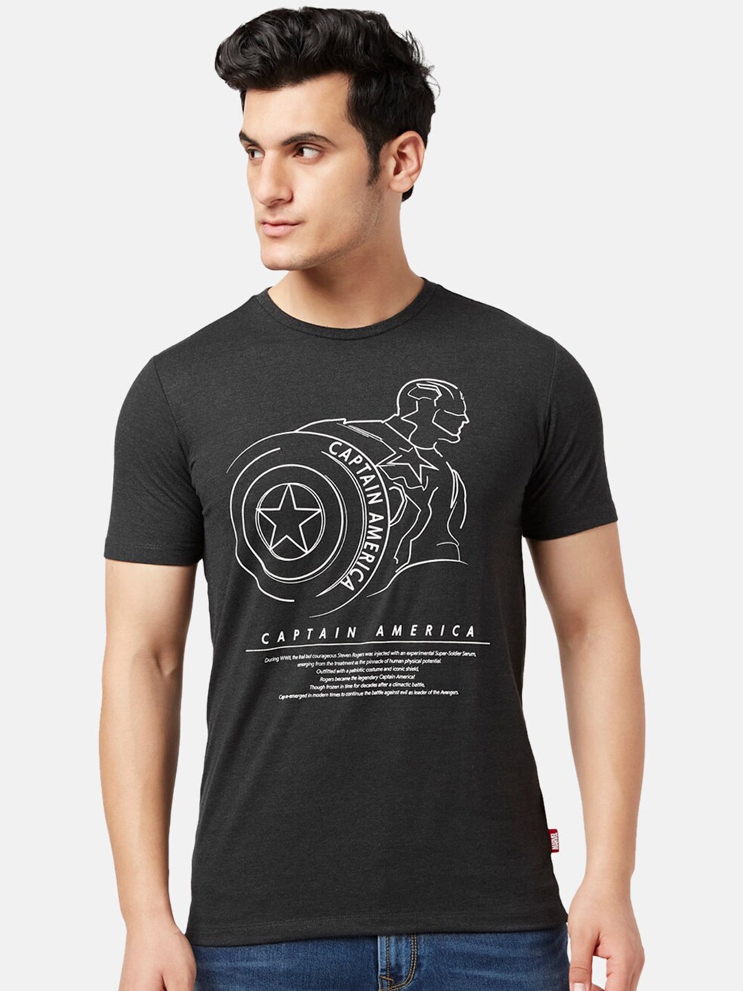 

SF JEANS by Pantaloons Captain America Printed Slim Fit Casual Cotton T-shirt, Charcoal