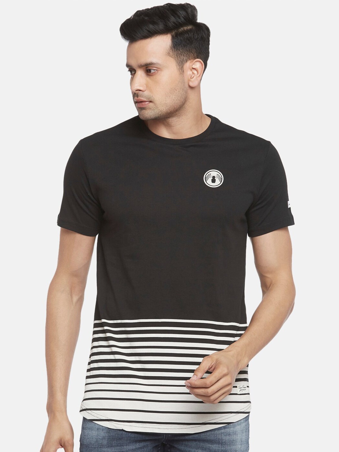

SF JEANS by Pantaloons Venom Printed & Striped Slim Fit Casual Cotton T-shirt, Black