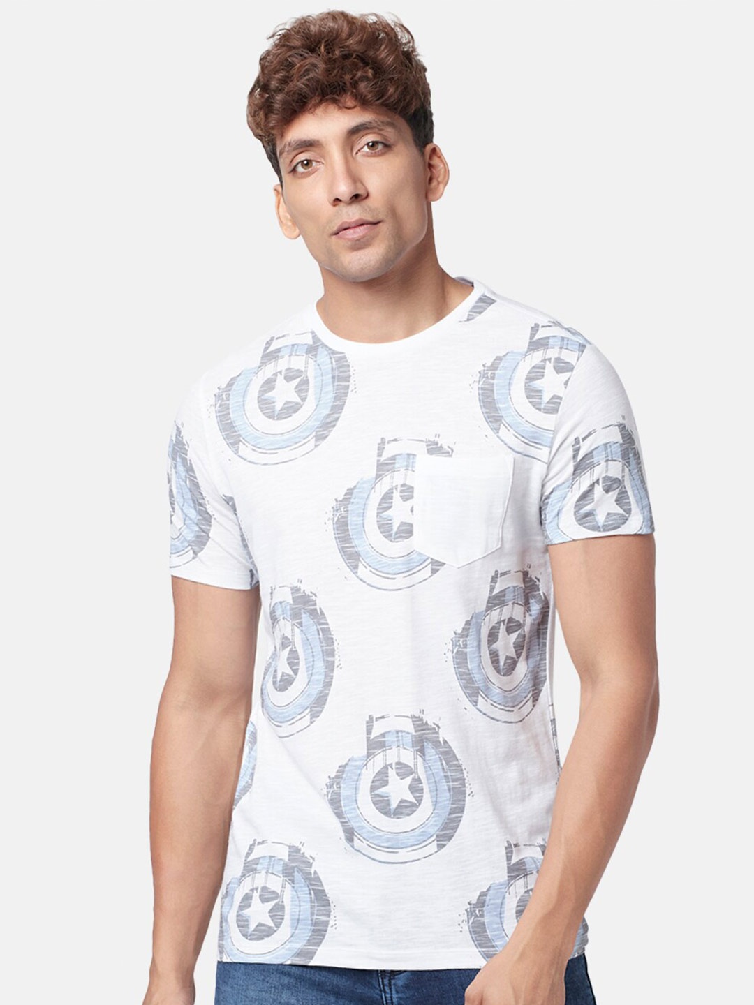 

SF JEANS by Pantaloons Captain America Printed Slim Fit Casual Cotton T-shirt, White