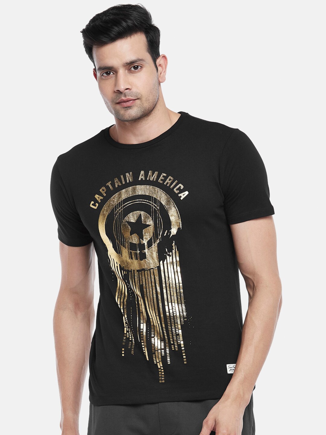 

SF JEANS by Pantaloons Captain America Printed Slim Fit Casual Cotton T-shirt, Black