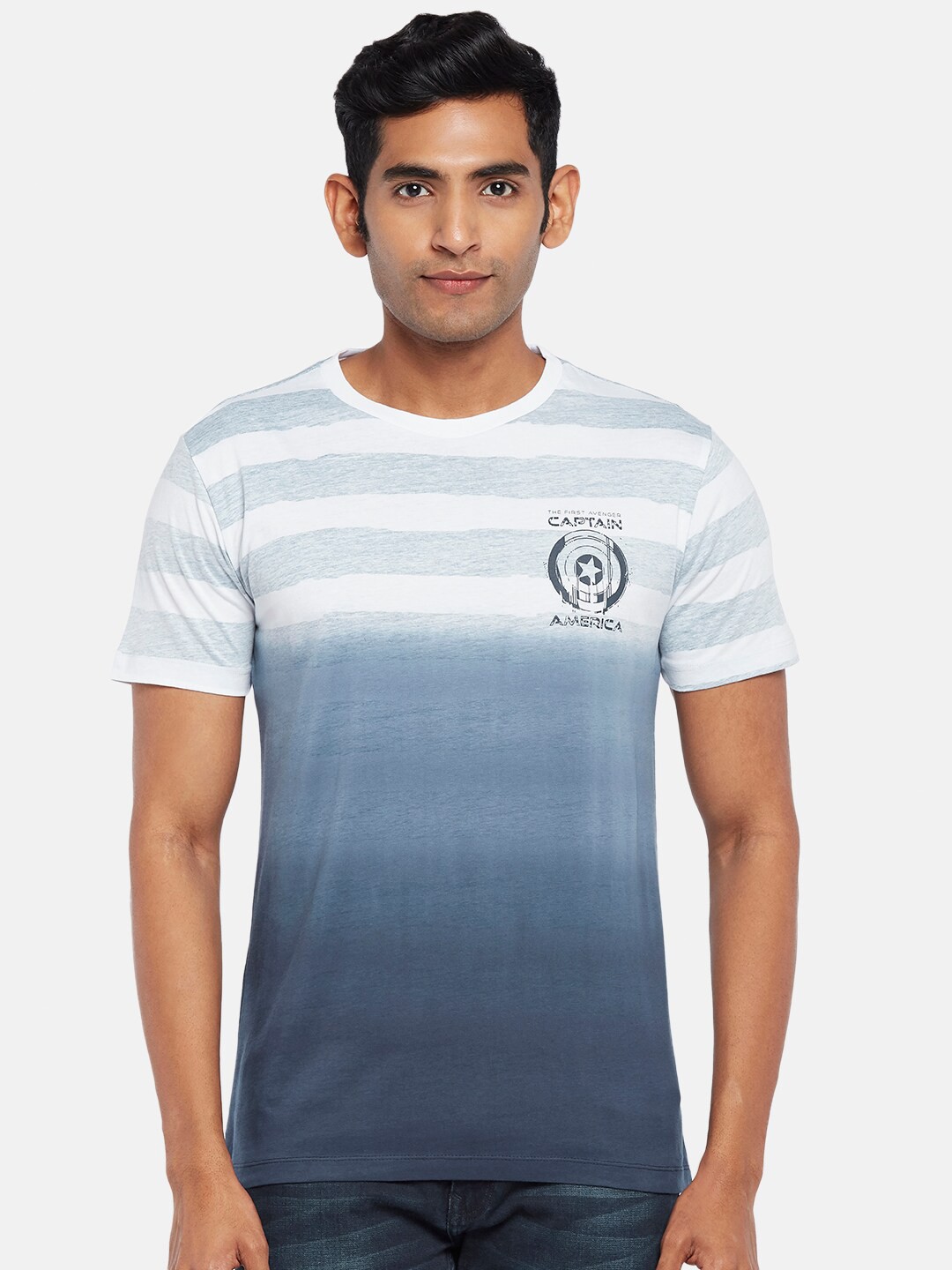 

SF JEANS by Pantaloons Captain America Printed Slim Fit Casual Cotton T-shirt, Blue