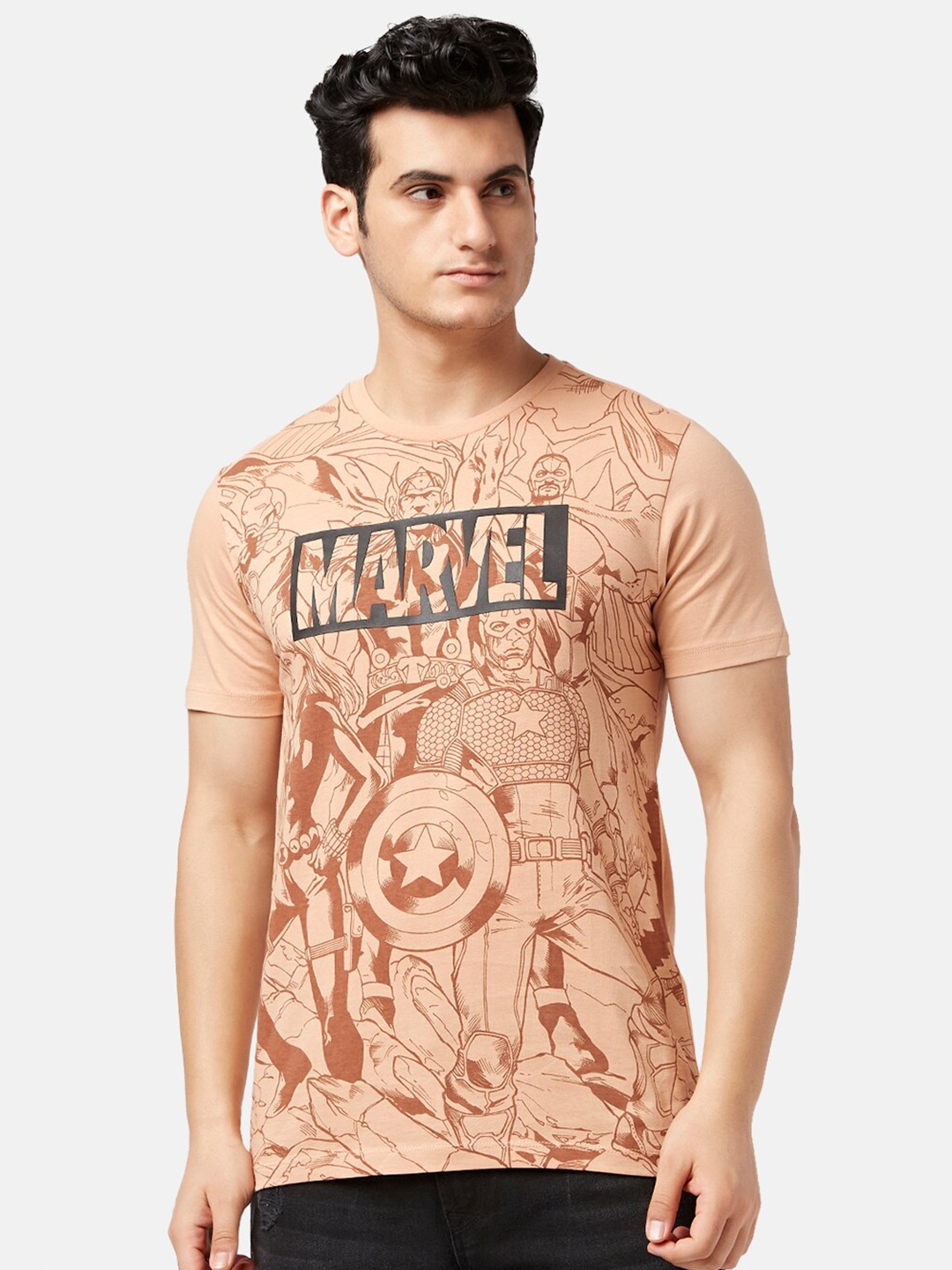 

SF JEANS by Pantaloons Marvel Printed Slim Fit Cotton T-shirt, Peach