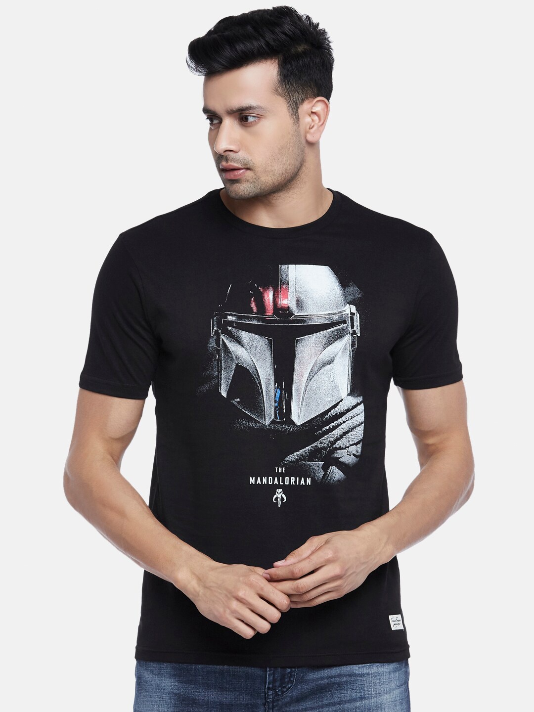 

SF JEANS by Pantaloons Mandalorian Printed Slim Fit Casual Cotton T-shirt, Black