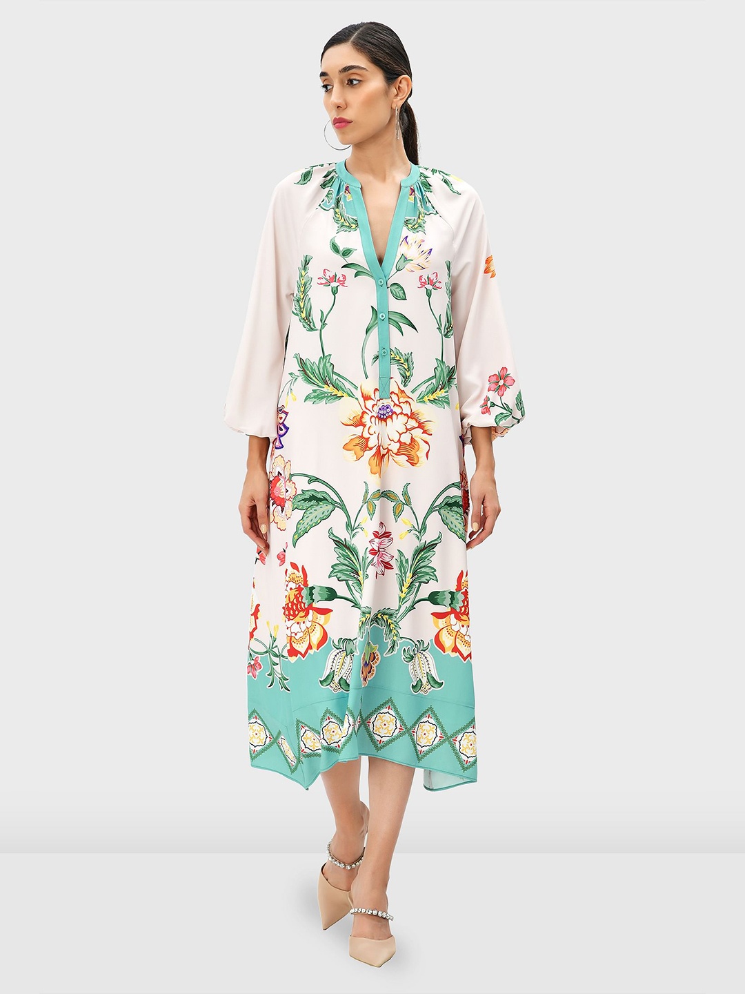 

Zapelle Tropical Printed Raglan Sleeve A-Line Midi Dress, Beige