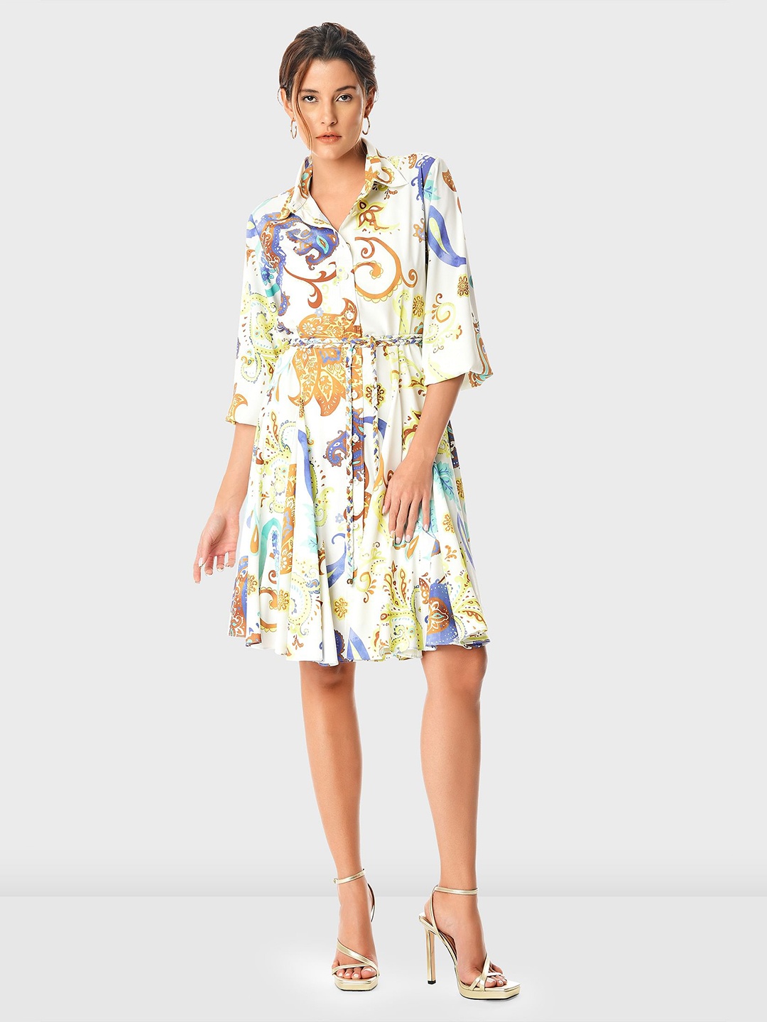 

Zapelle Ethnic Motifs Printed Crepe A-Line Dress With Belt, Off white