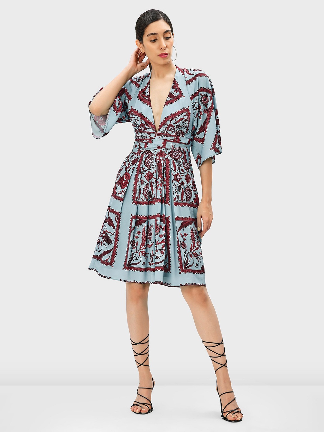 

Zapelle Ethnic Motifs Printed Crepe Fit & Flare Dress With Belt, Blue