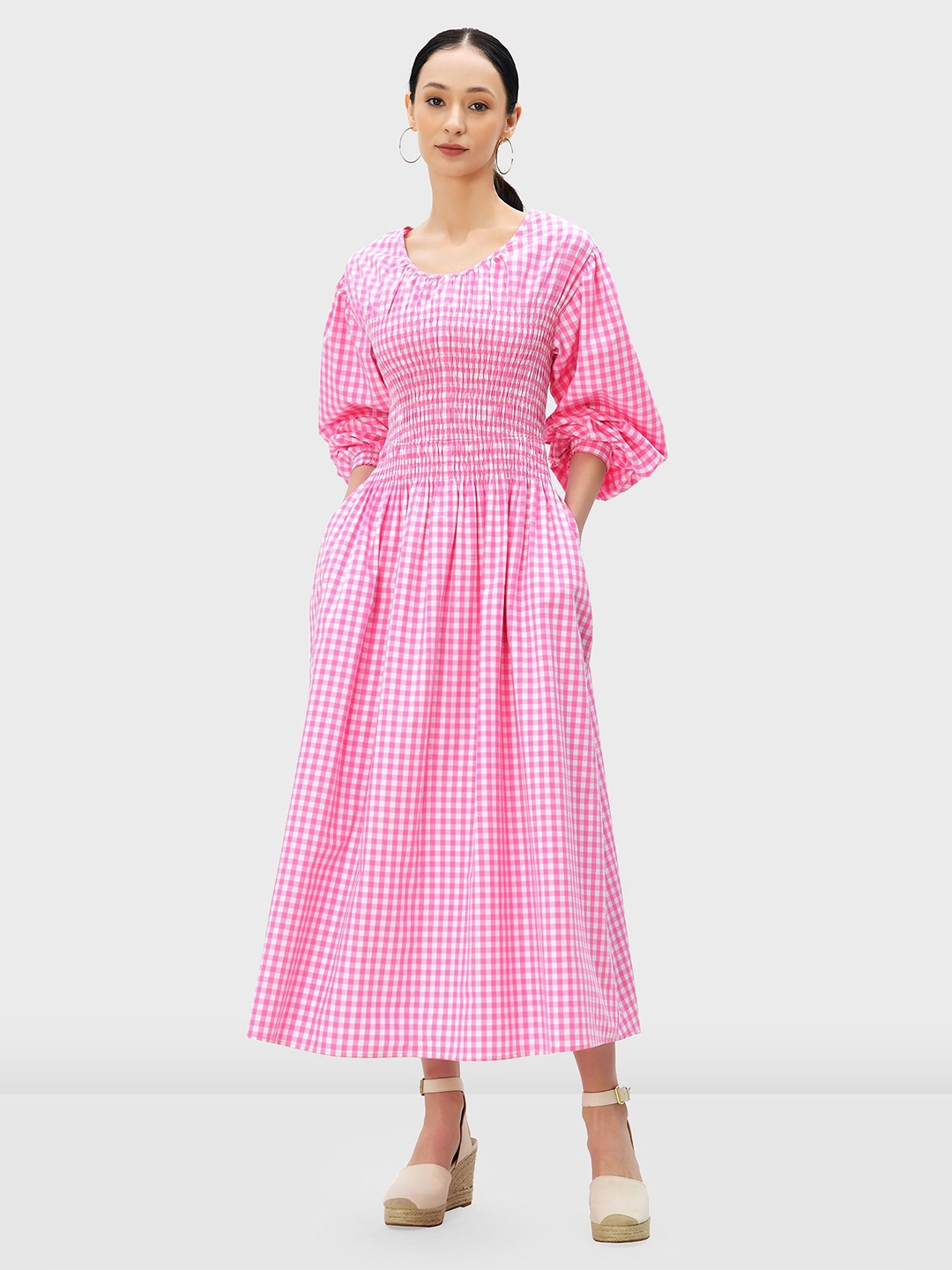 

Zapelle Checked Smocked Bishop Sleeve Fit & Flare Midi Dress, Pink