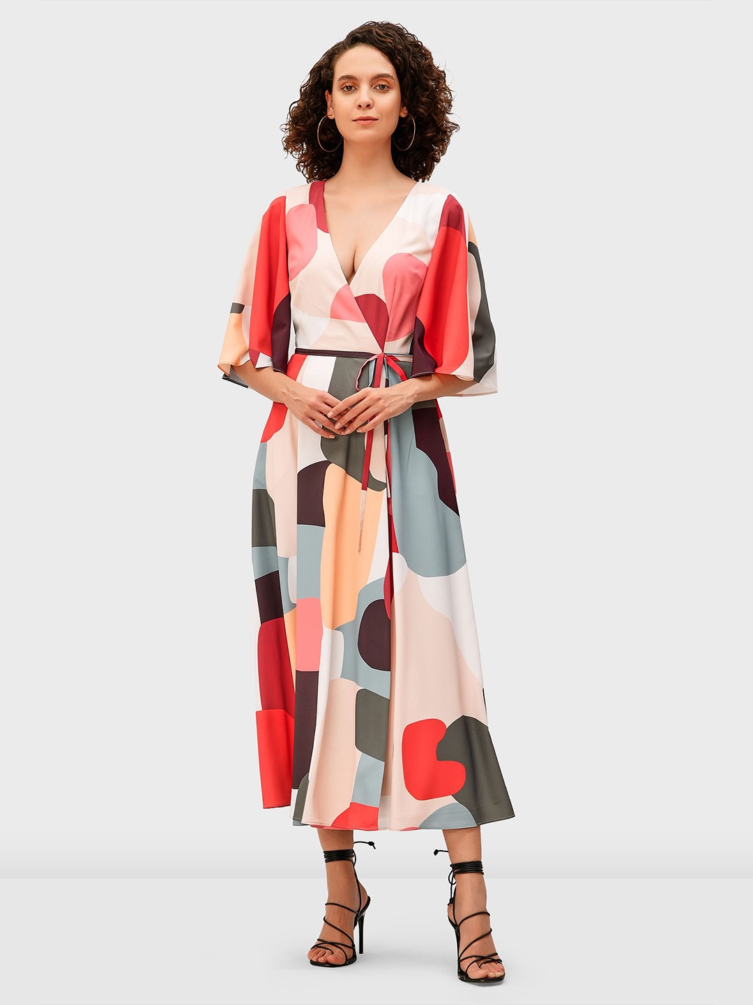 

Zapelle Abstract Printed Flutter Sleeve A-Line Maxi Dress, Beige