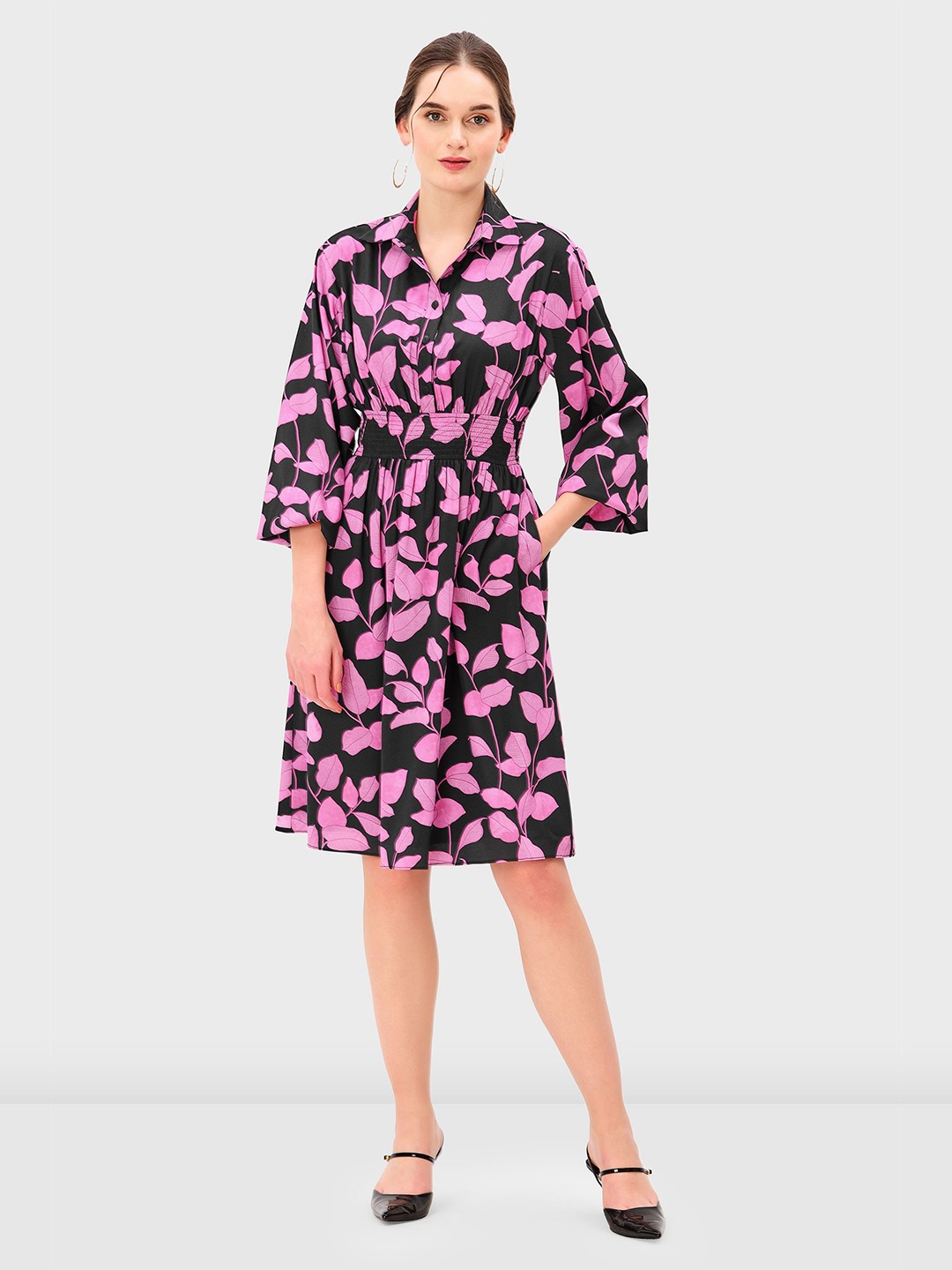 

Zapelle Floral Printed Smocked Crepe Fit & Flare Dress, Navy blue