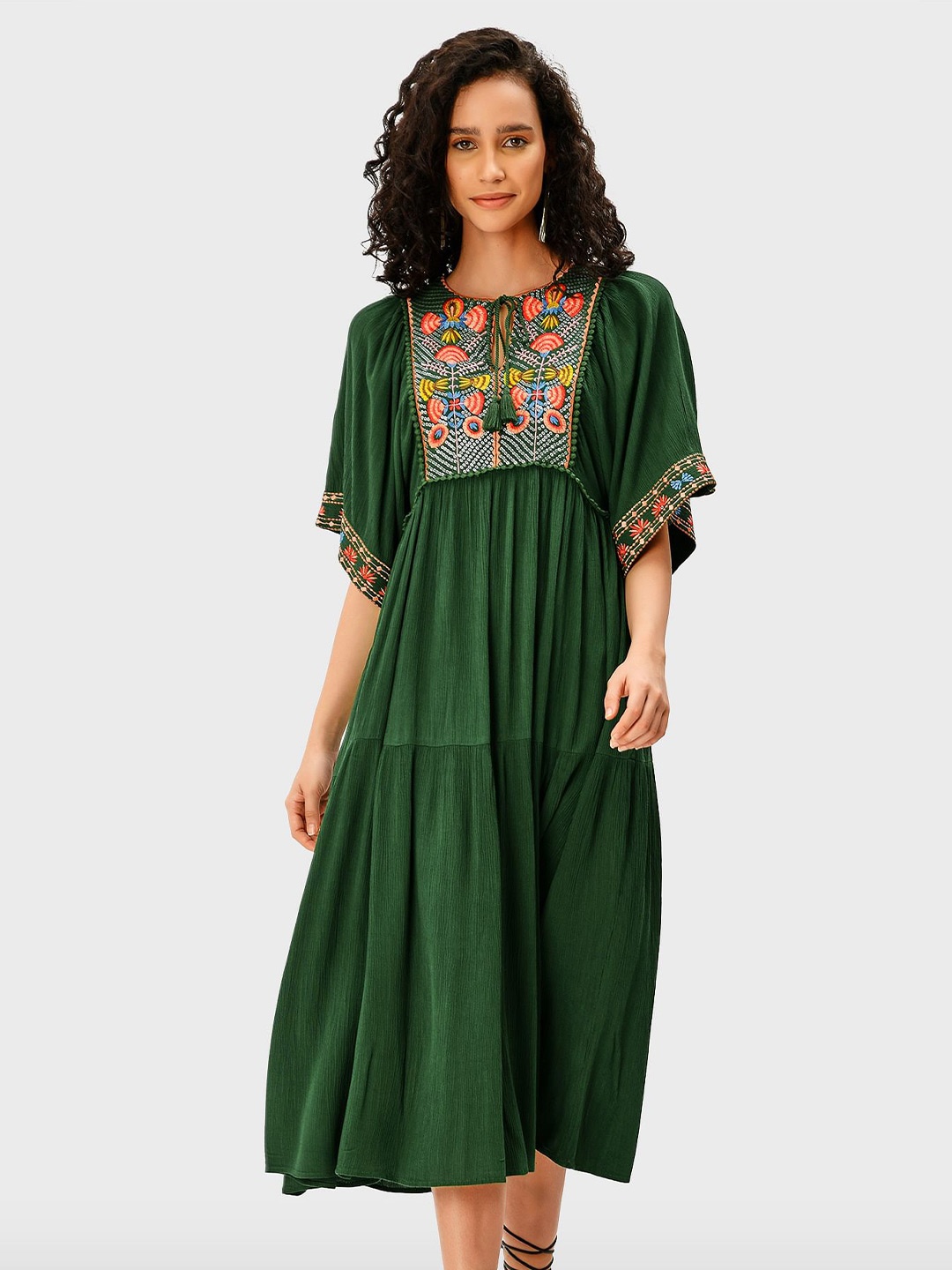 

Zapelle Embroidered Yoke Design A-Line Midi Dress, Green