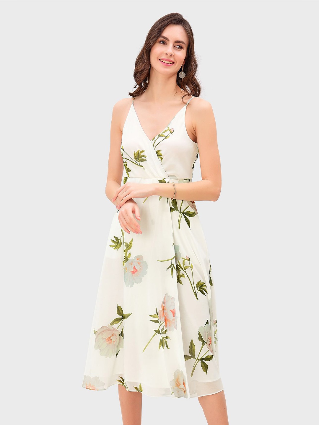 

Zapelle Floral Printed Georgette Fit & Flare Midi Dress, White