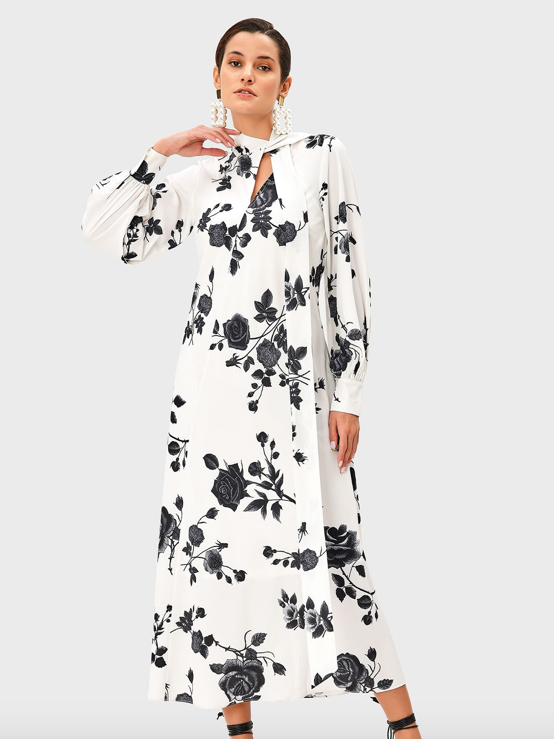 

Zapelle Floral Printed Tie-up neck Bishop Sleeve A-Line Maxi Dress, White