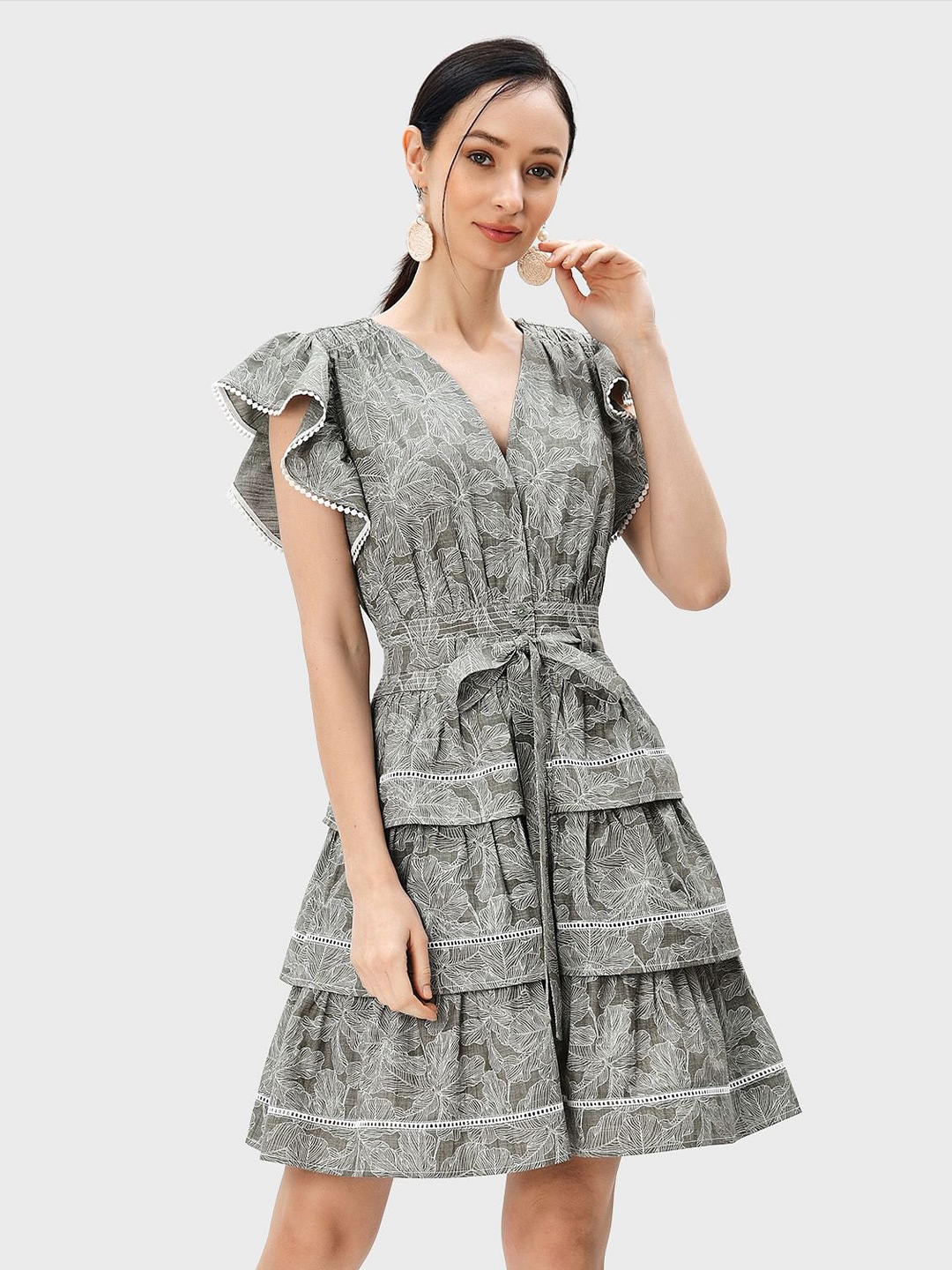 

Zapelle Floral Printed Cotton Fit & Flare Dress With Belt, Grey