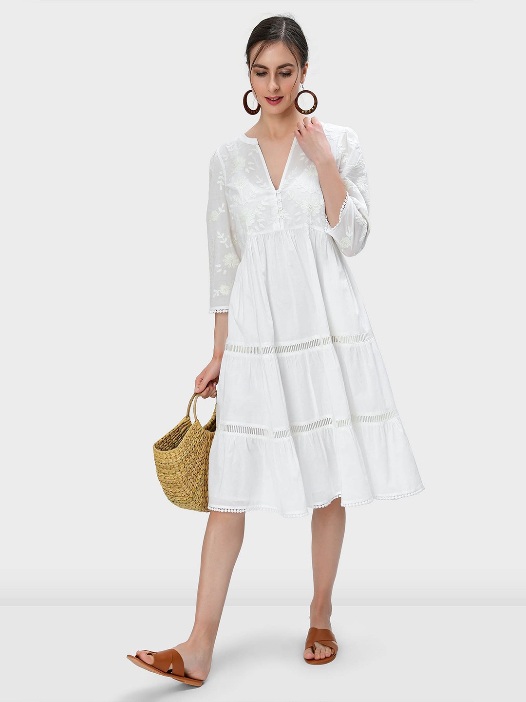 

Zapelle Floral Embroidered Cotton Fit & Flare Dress, Off white