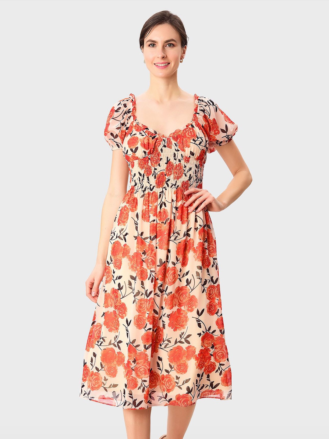 

Zapelle Floral Printed Smocked Georgette Fit & Flare Midi Dress, Beige