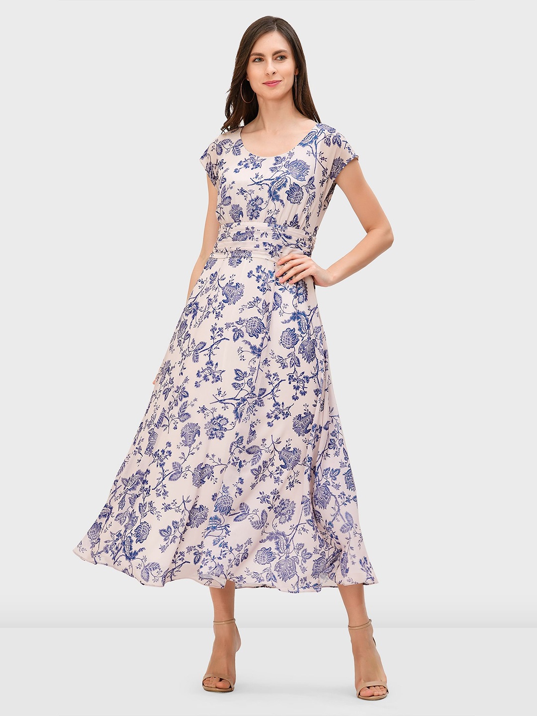 

Zapelle Floral Printed Extended Sleeves Georgette Fit & Flare Midi Dress, Pink