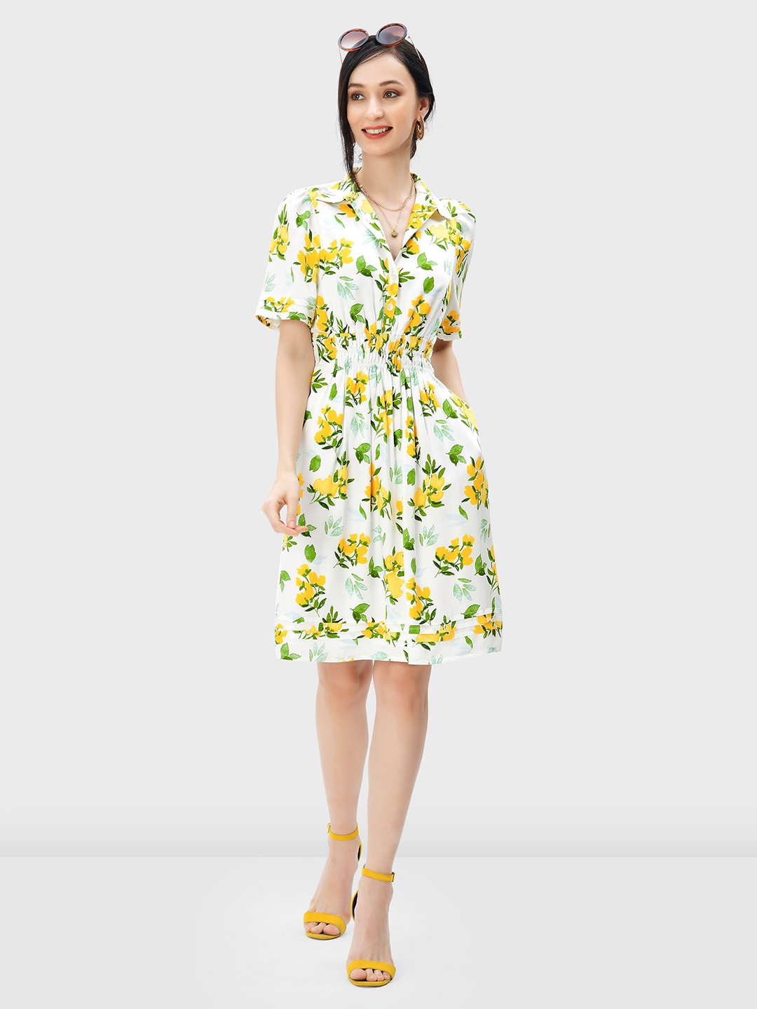 

Zapelle Floral Printed Smocked Fit & Flare Dress, White