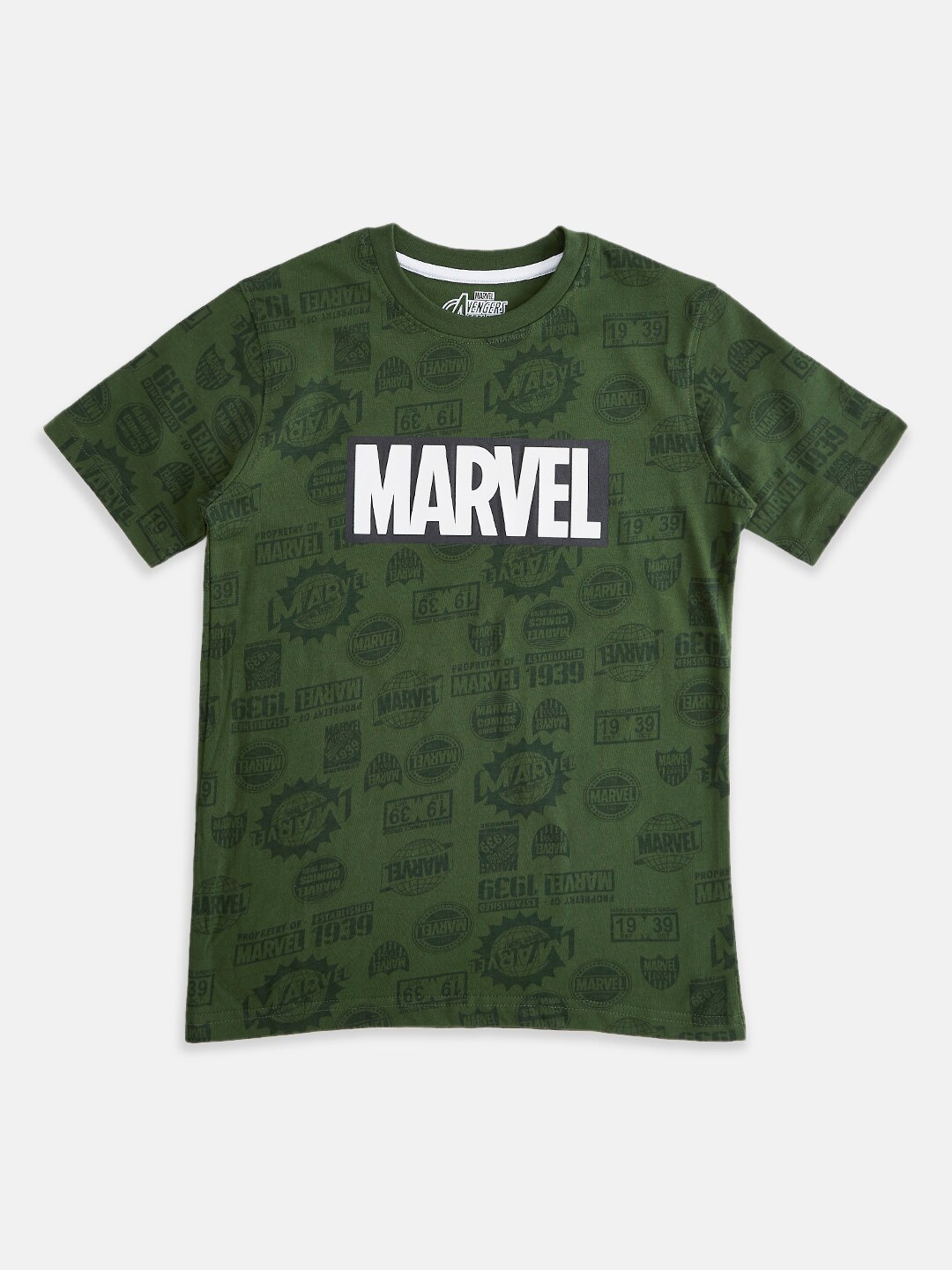 

Pantaloons Junior Boys Marvel Typography Printed Cotton T-shirt, Olive
