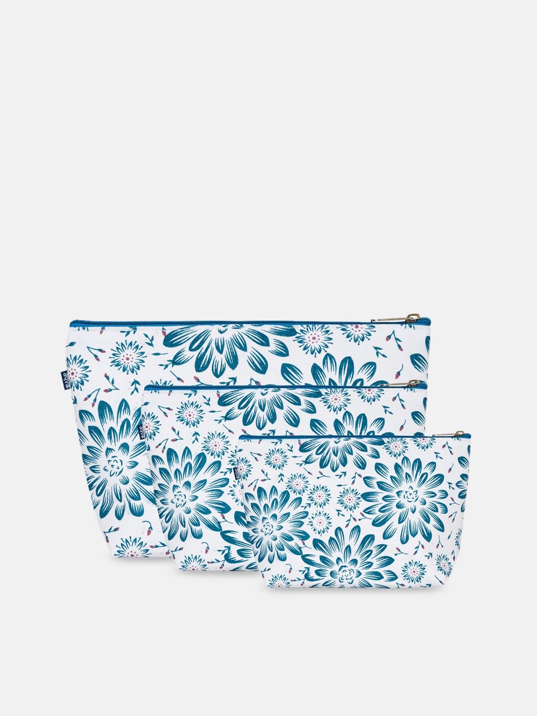 

AQVA Set Of 3 Floral Printed Cotton Travel Pouch, Blue