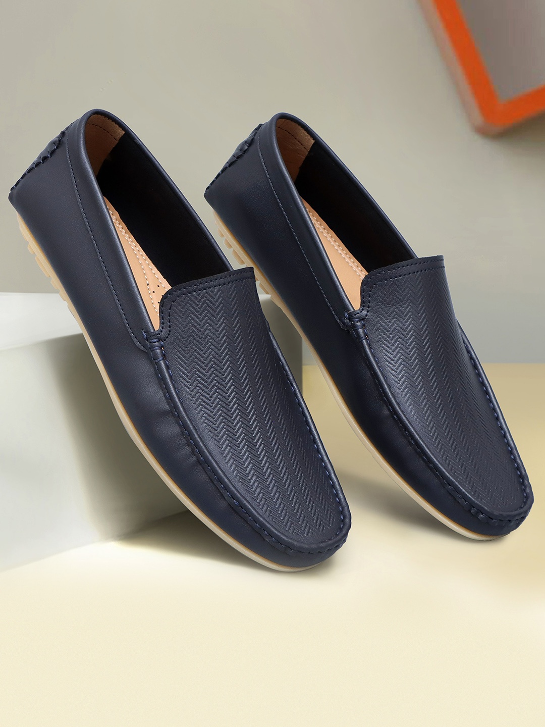 

Mast & Harbour Men Navy Blue Textured Lightweight Comfort Insole Penny Loafers