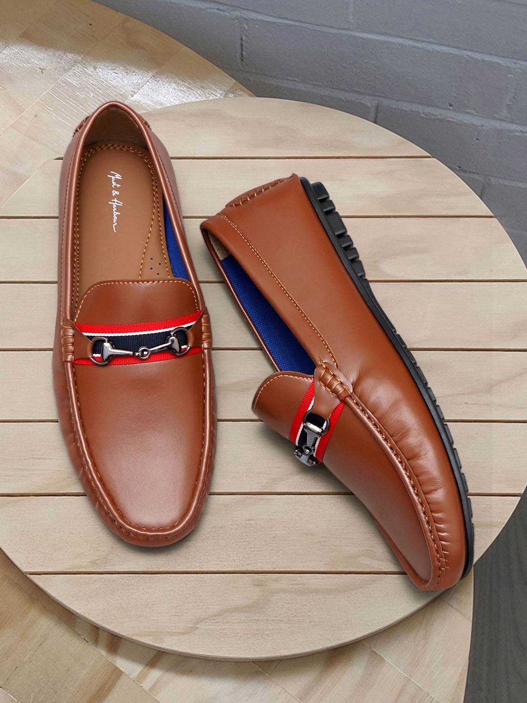 

Mast & Harbour Men Tan Brown Embellished Lightweight Comfort Insole Horsebit Loafers
