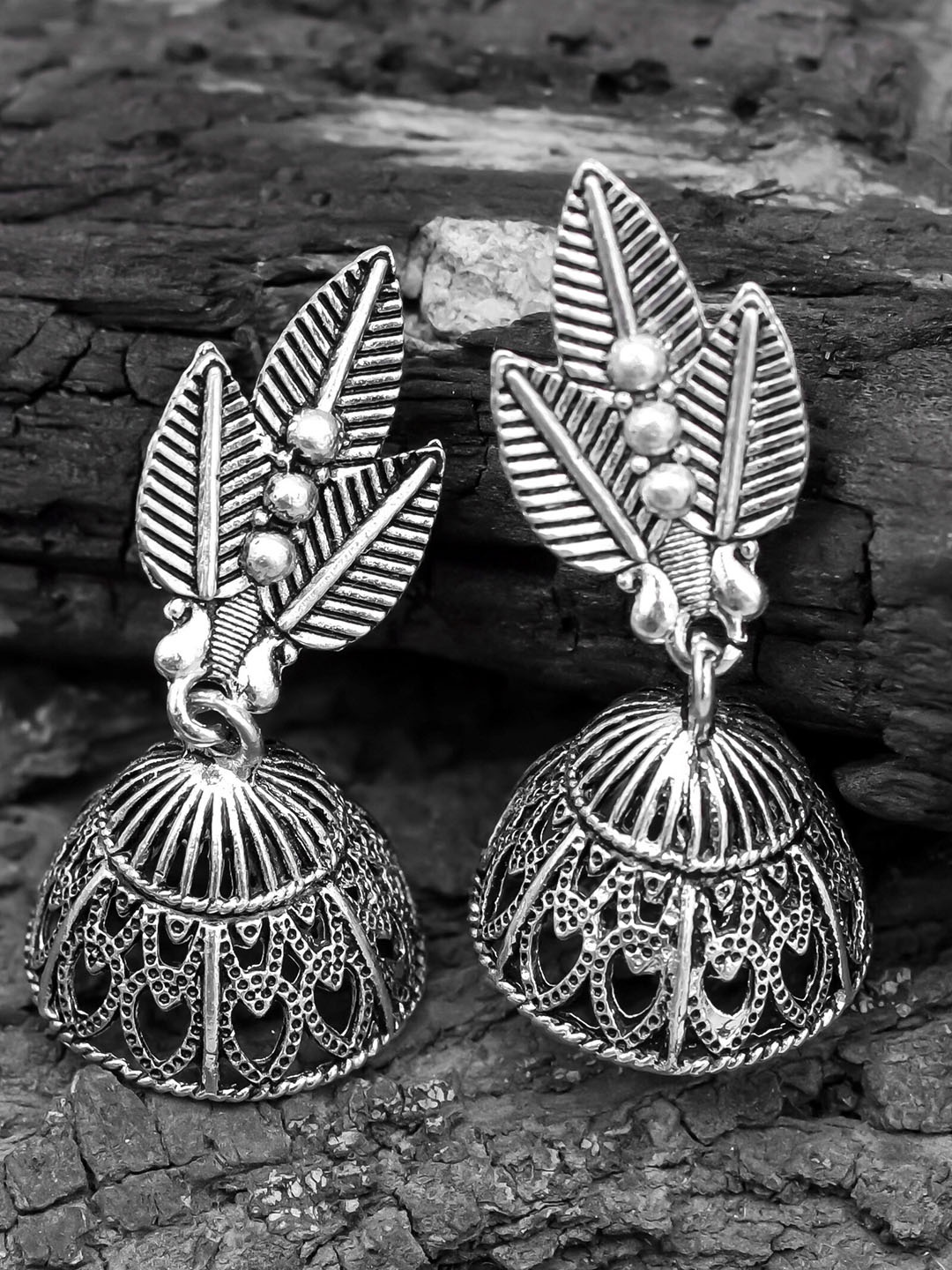 

ROHINIKA Silver-Plated Leaf Shaped Jhumkas
