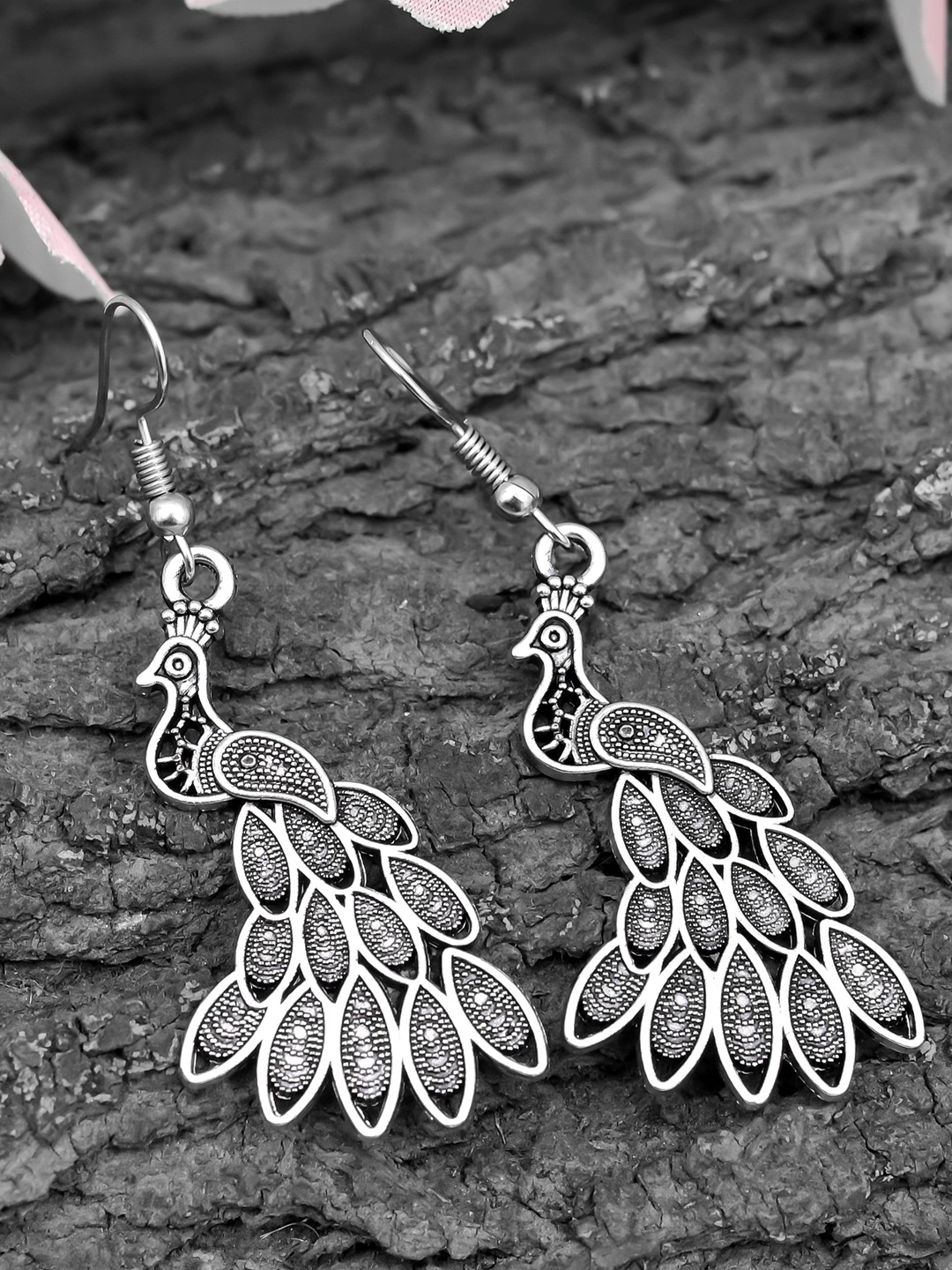 

ROHINIKA Silver-Plated Oxidised Peacock Shaped Drop Earrings