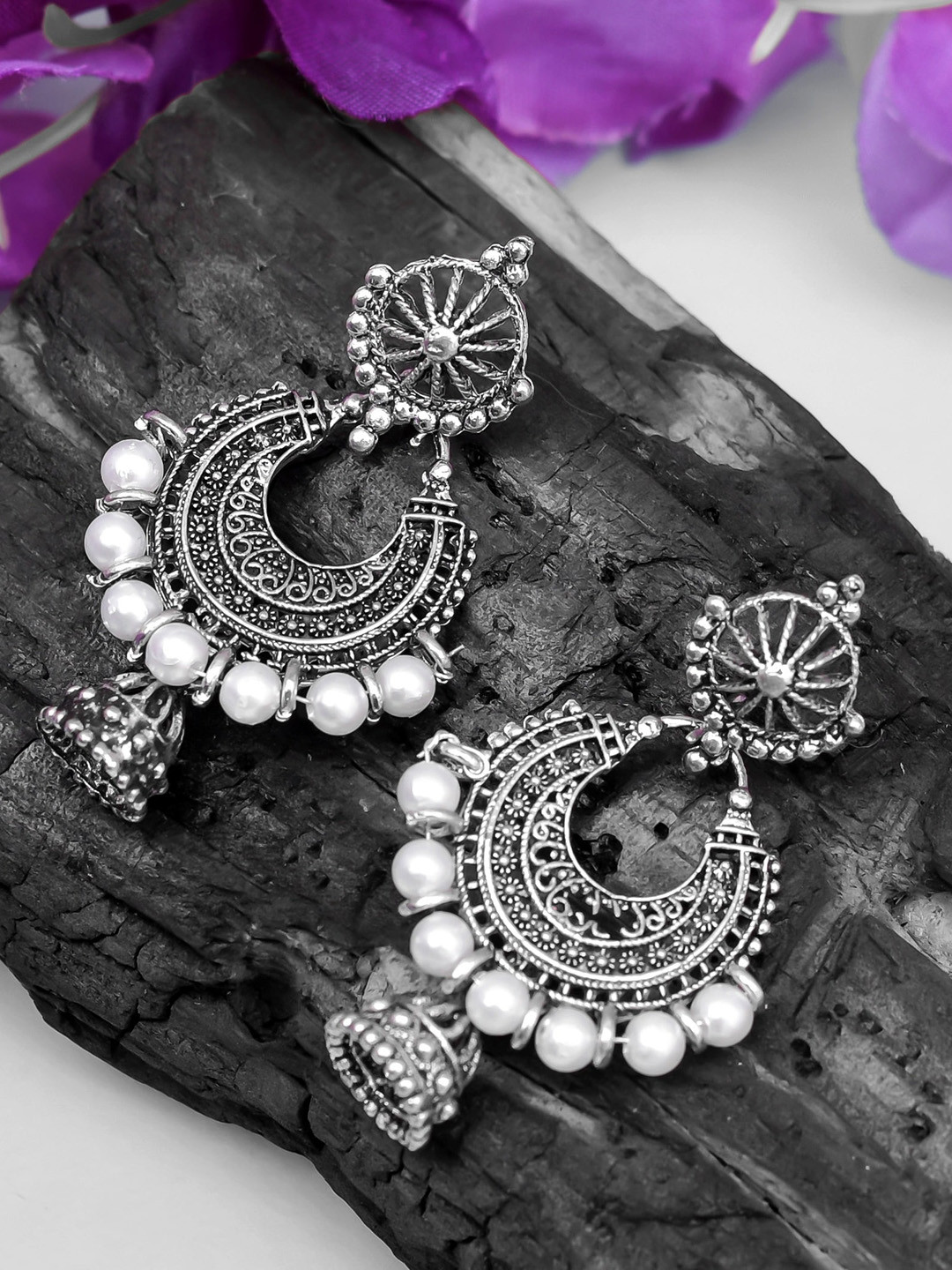 

ROHINIKA Silver-Plated Oxidized Contemporary Drop Earrings