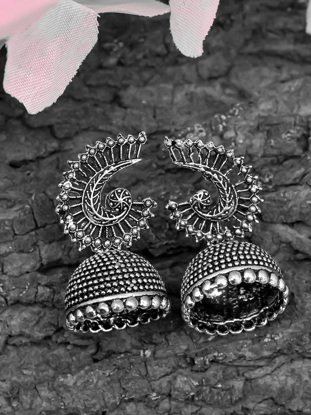 

ROHINIKA Silver-Plated Oxidised Dome Shaped Jhumkas Earrings