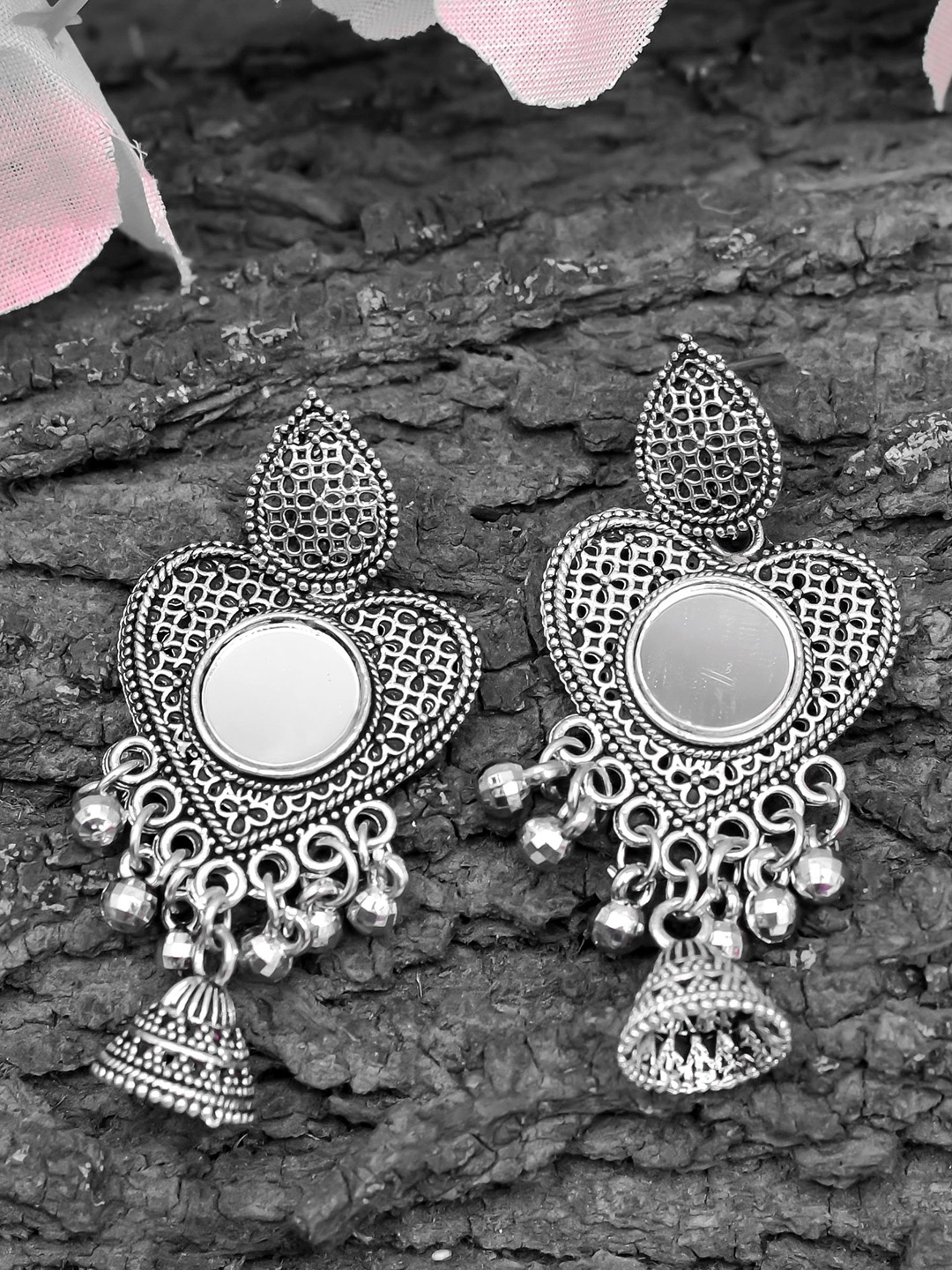 

ROHINIKA Silver-Plated Oxidised Heart Shaped Drop Earrings