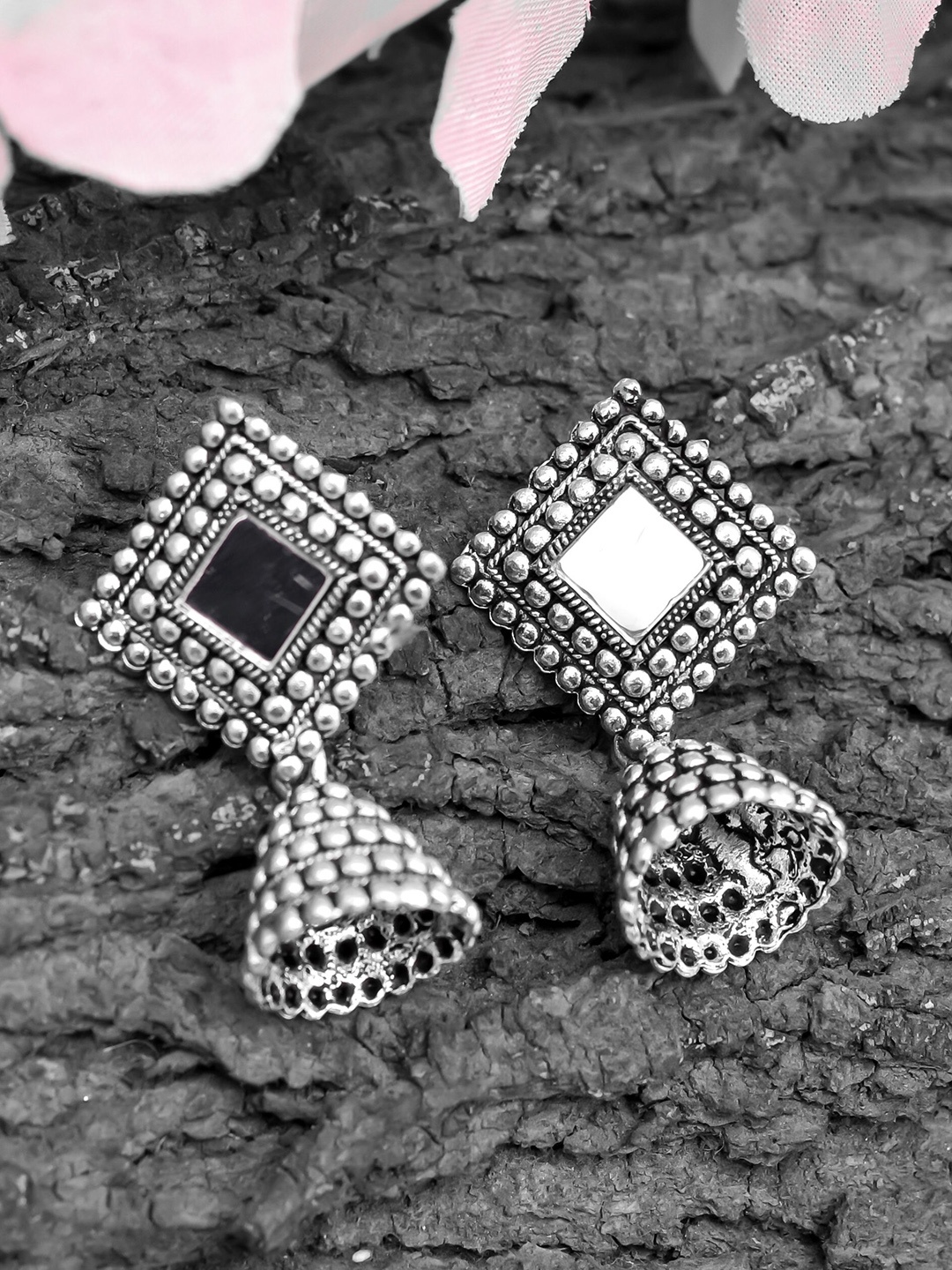 

ROHINIKA Silver-Plated Mirror Oxidised Contemporary Jhumkas